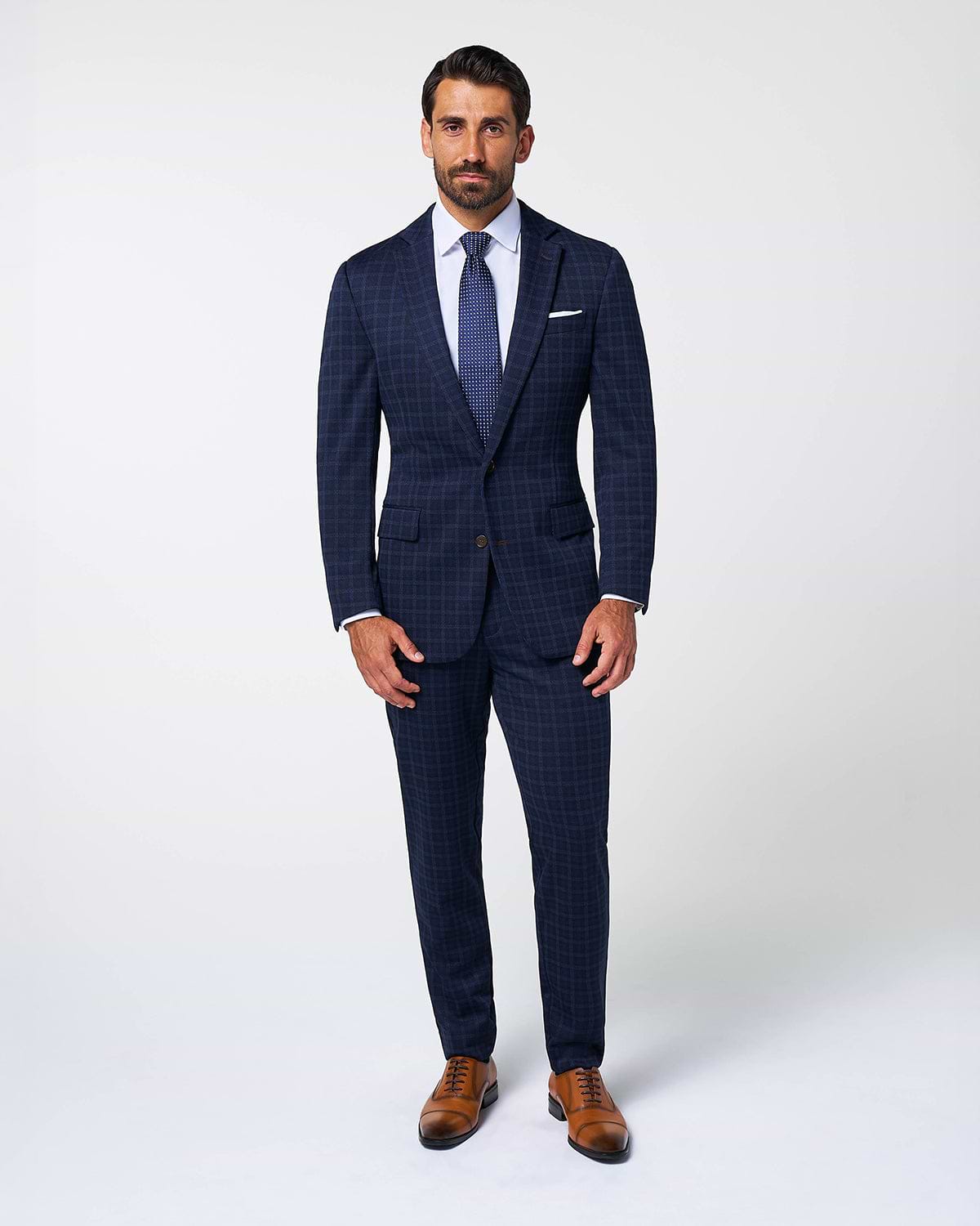 Athletic Fit Stretch Wool Suit Pants - Blue Plaid