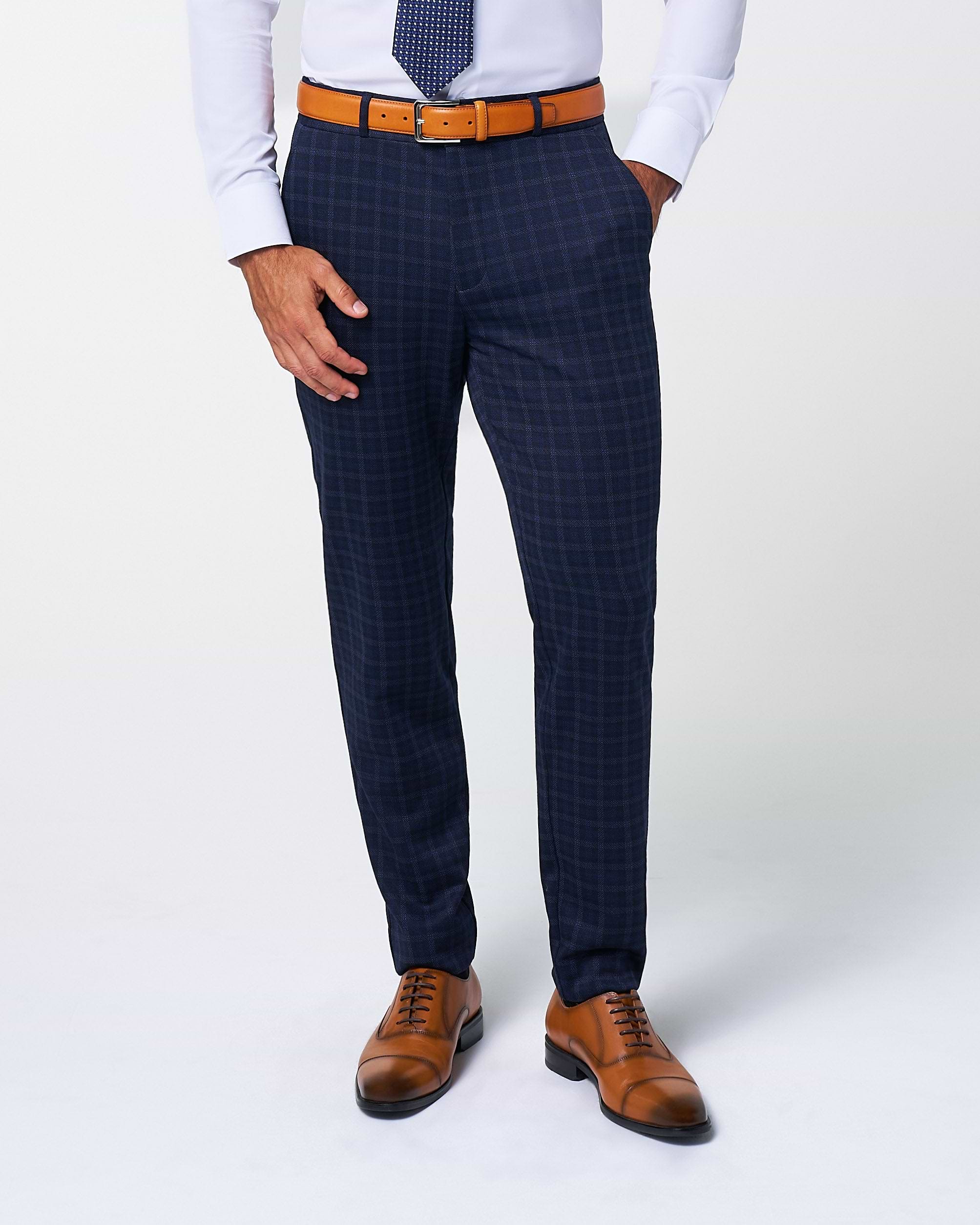 Athletic Fit Stretch Wool Suit Pants - Blue Plaid