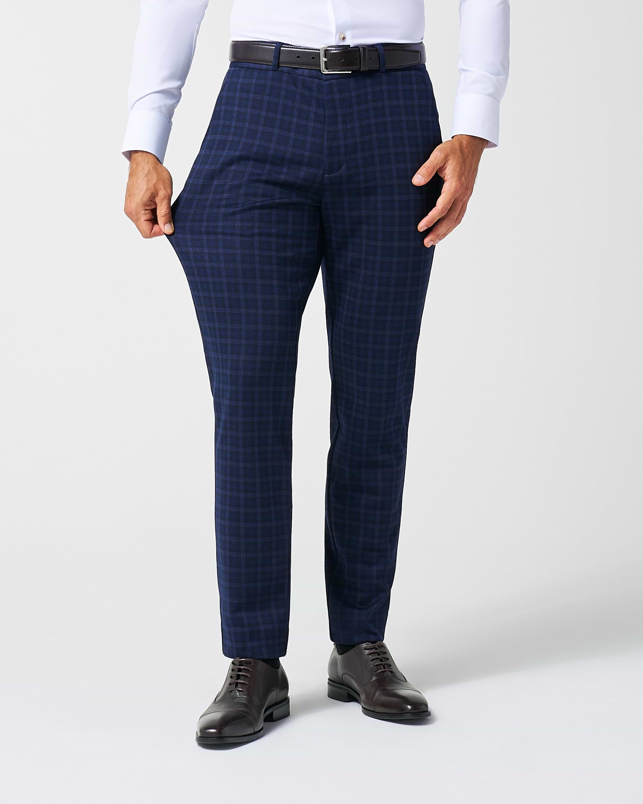 Athletic Fit Stretch Wool Suit Pants - Blue Plaid