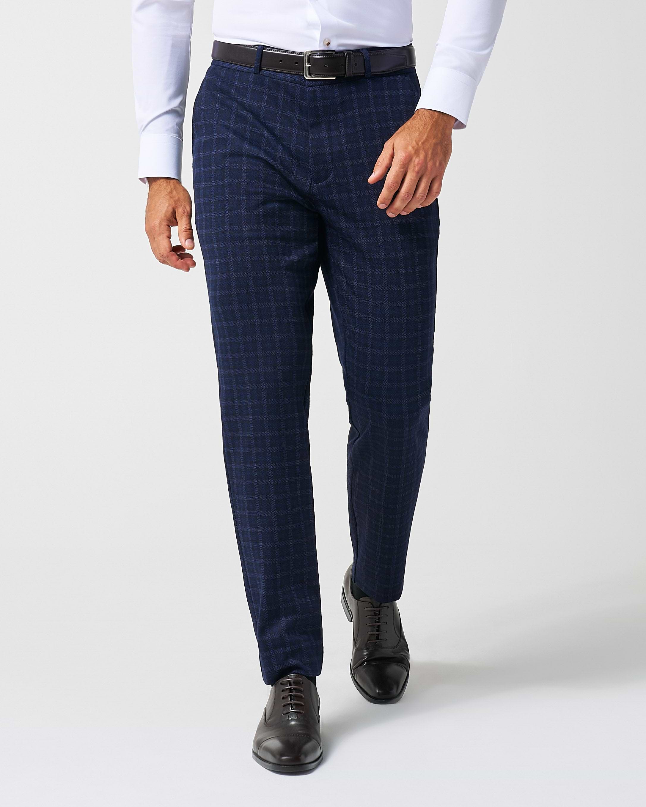 Athletic Fit Stretch Wool Suit Pants - Blue Plaid