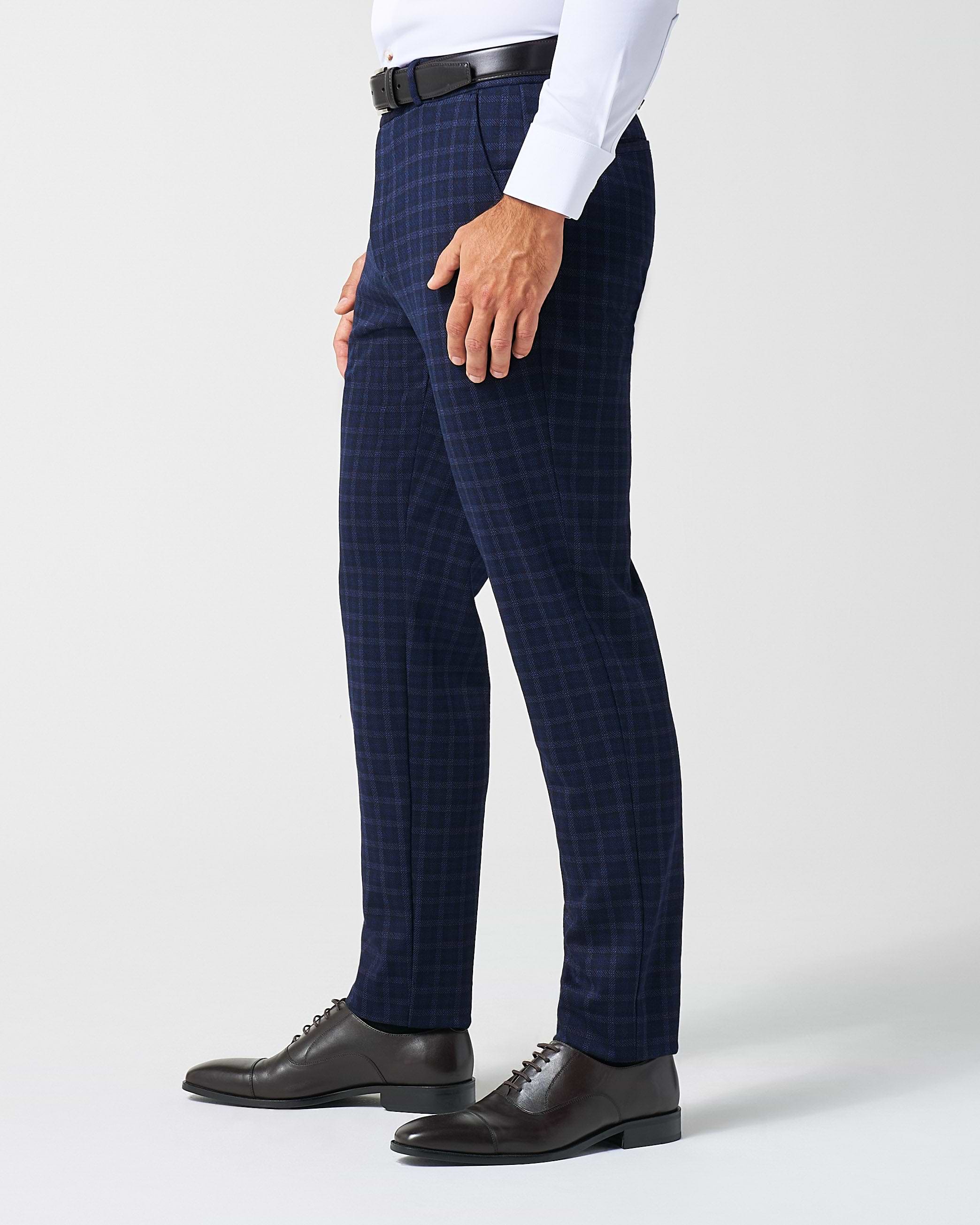 Athletic Fit Stretch Wool Suit Pants - Blue Plaid