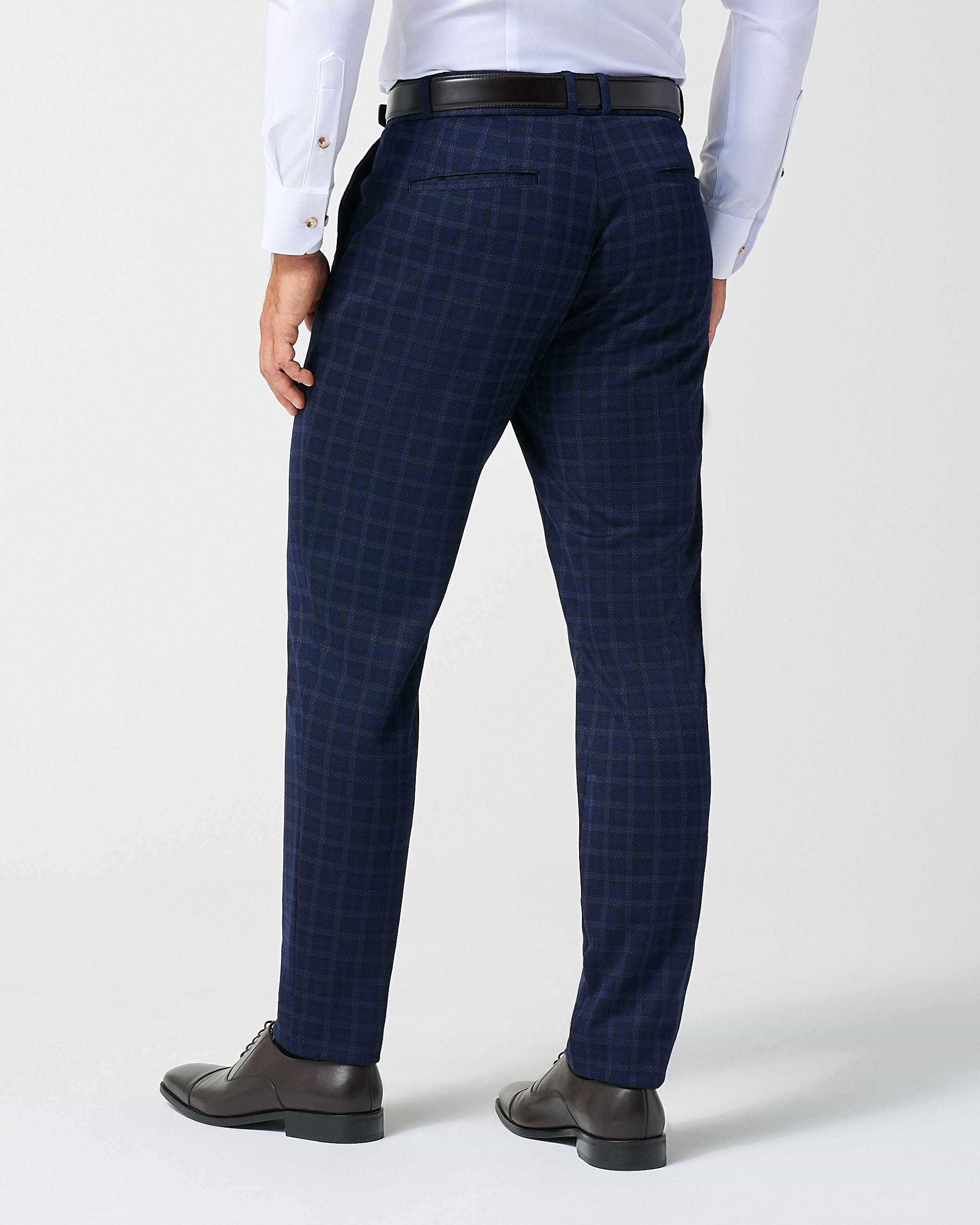 Athletic Fit Stretch Wool Suit Pants - Blue Plaid