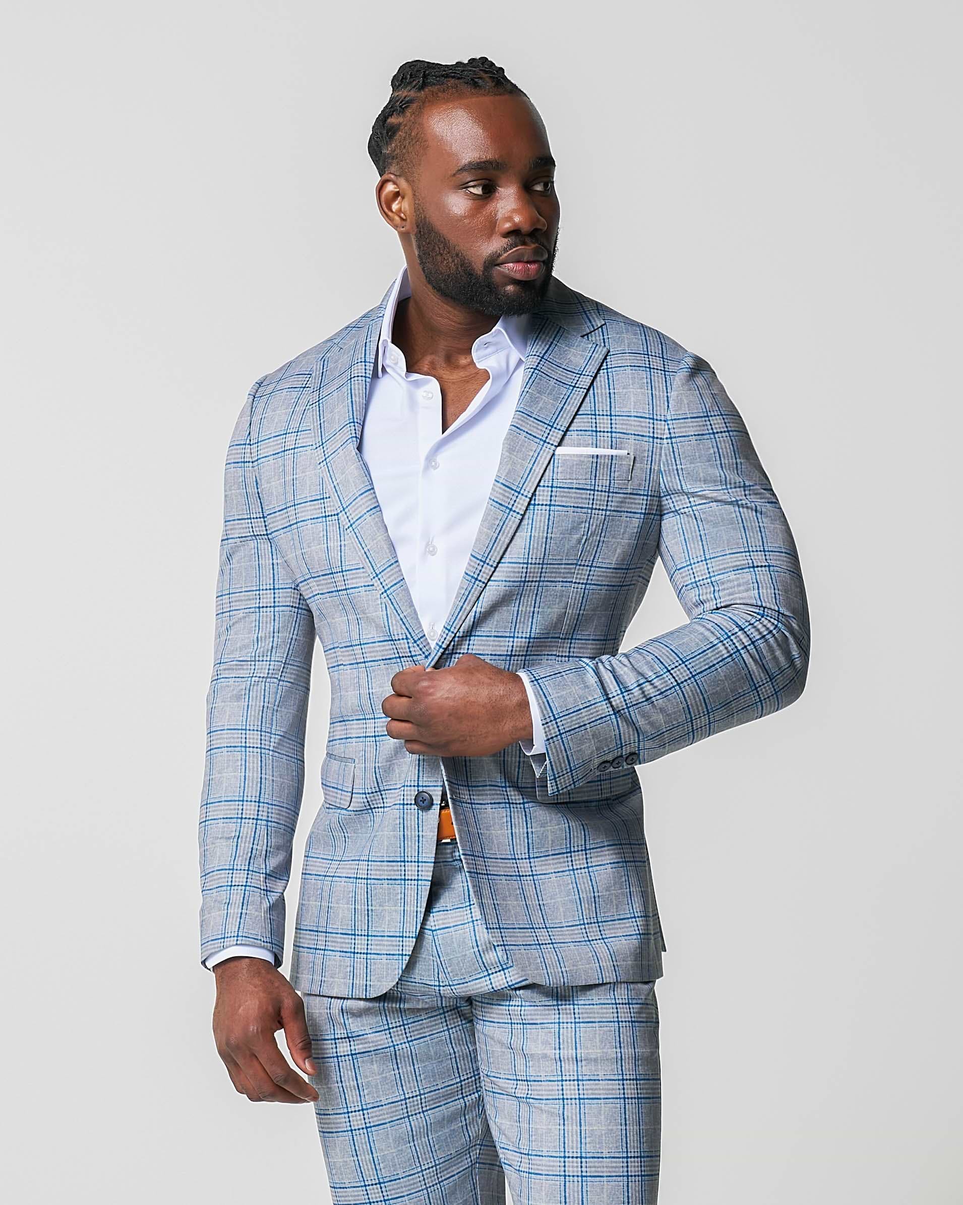 Athletic Fit Stretch Suit Pants - Grey & Royal Blue Plaid