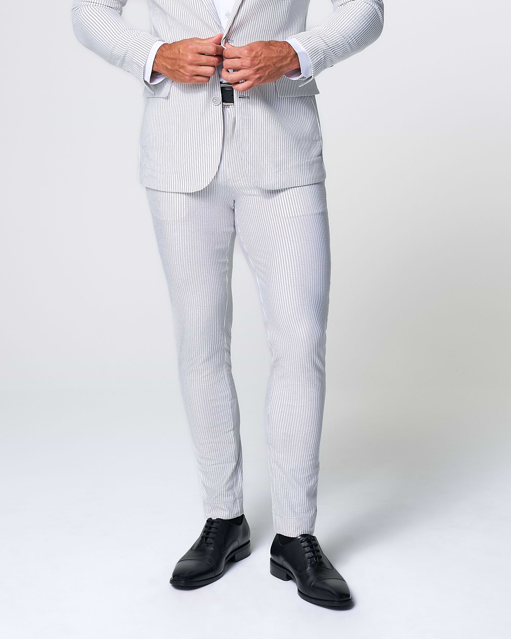 Athletic Fit Stretch Pants - Grey & White Seersucker