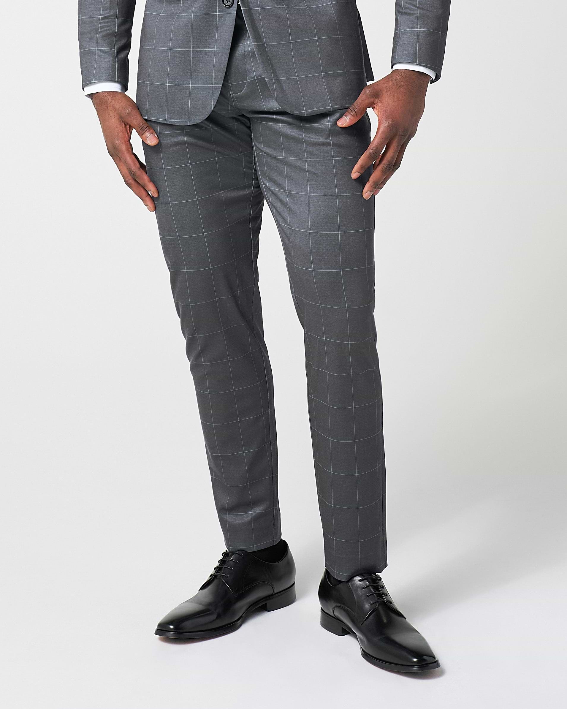 Athletic Fit Stretch Suit Pants - Grey and White Big Windowpane