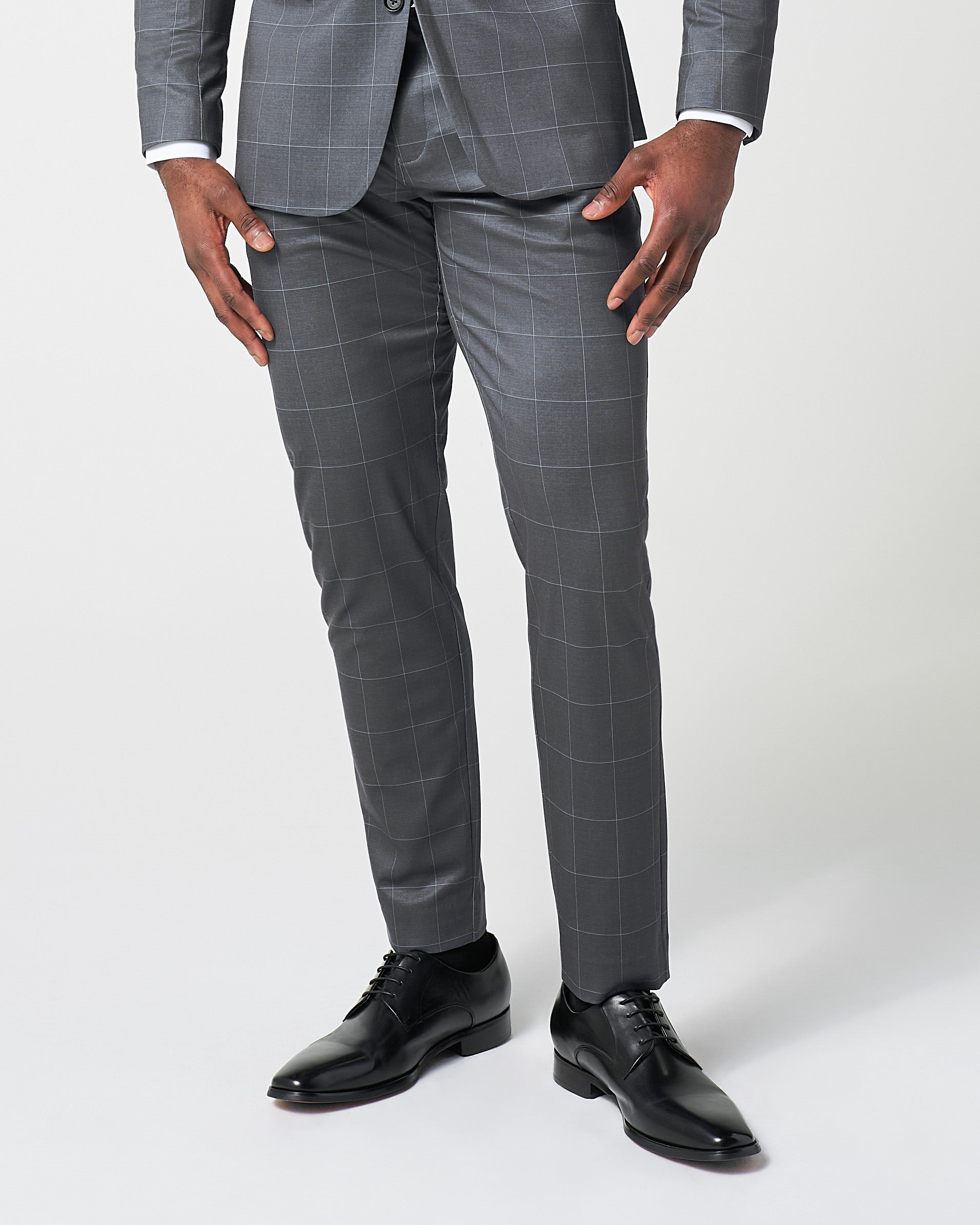 Athletic Fit Stretch Suit Pants - Grey and White Big Windowpane
