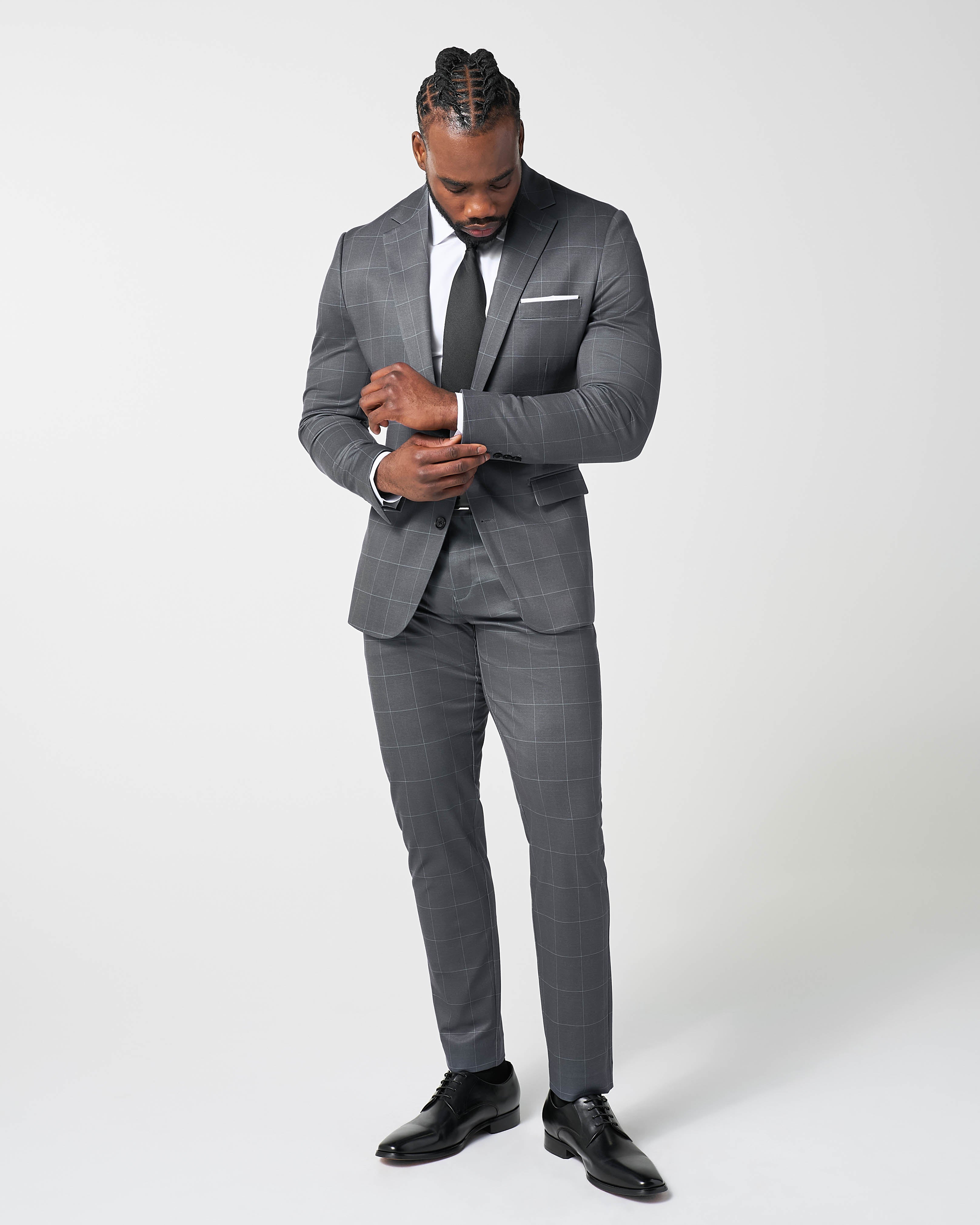 Athletic Fit Stretch Suit Pants - Grey and White Big Windowpane