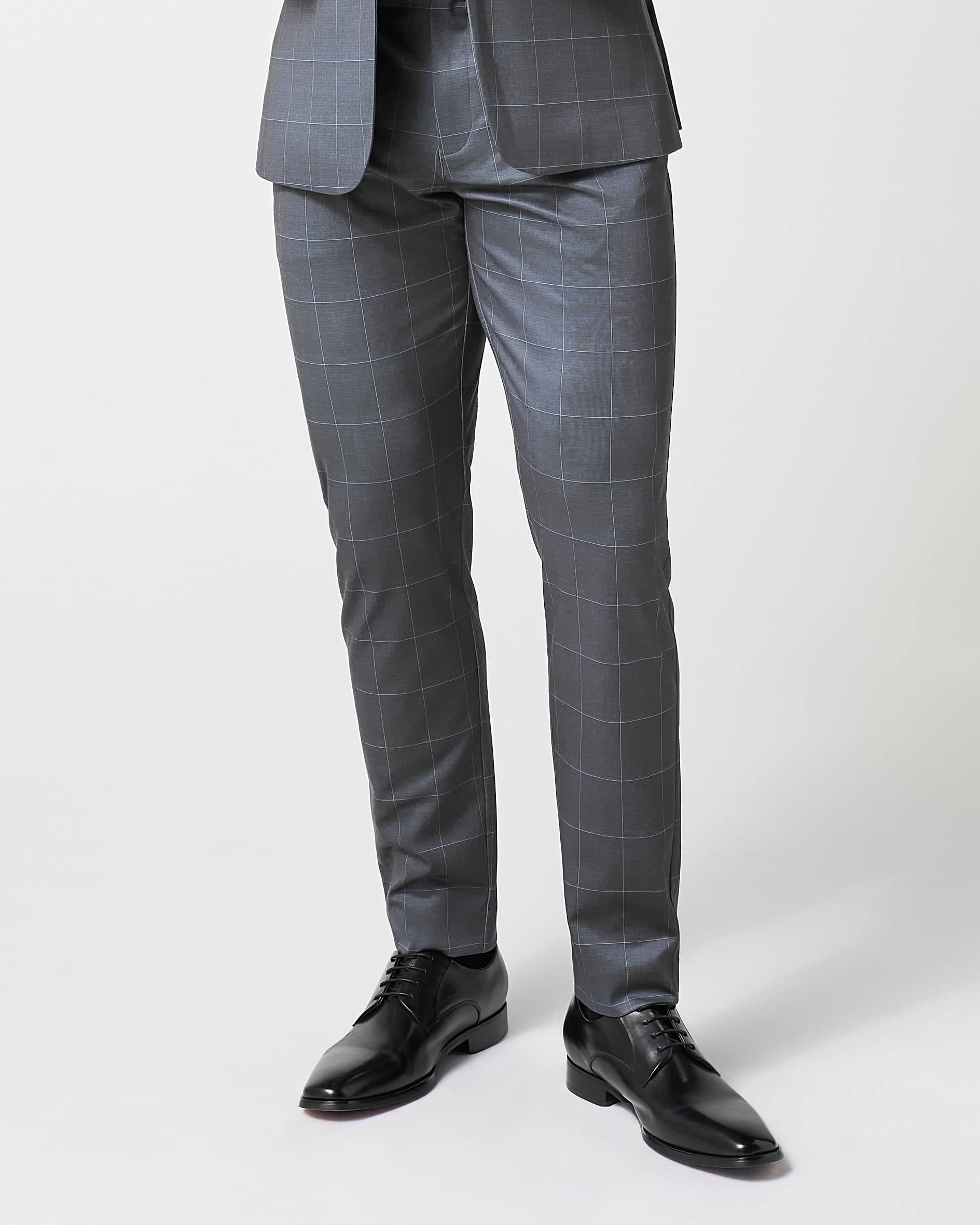 Athletic Fit Stretch Suit Pants - Grey and White Big Windowpane
