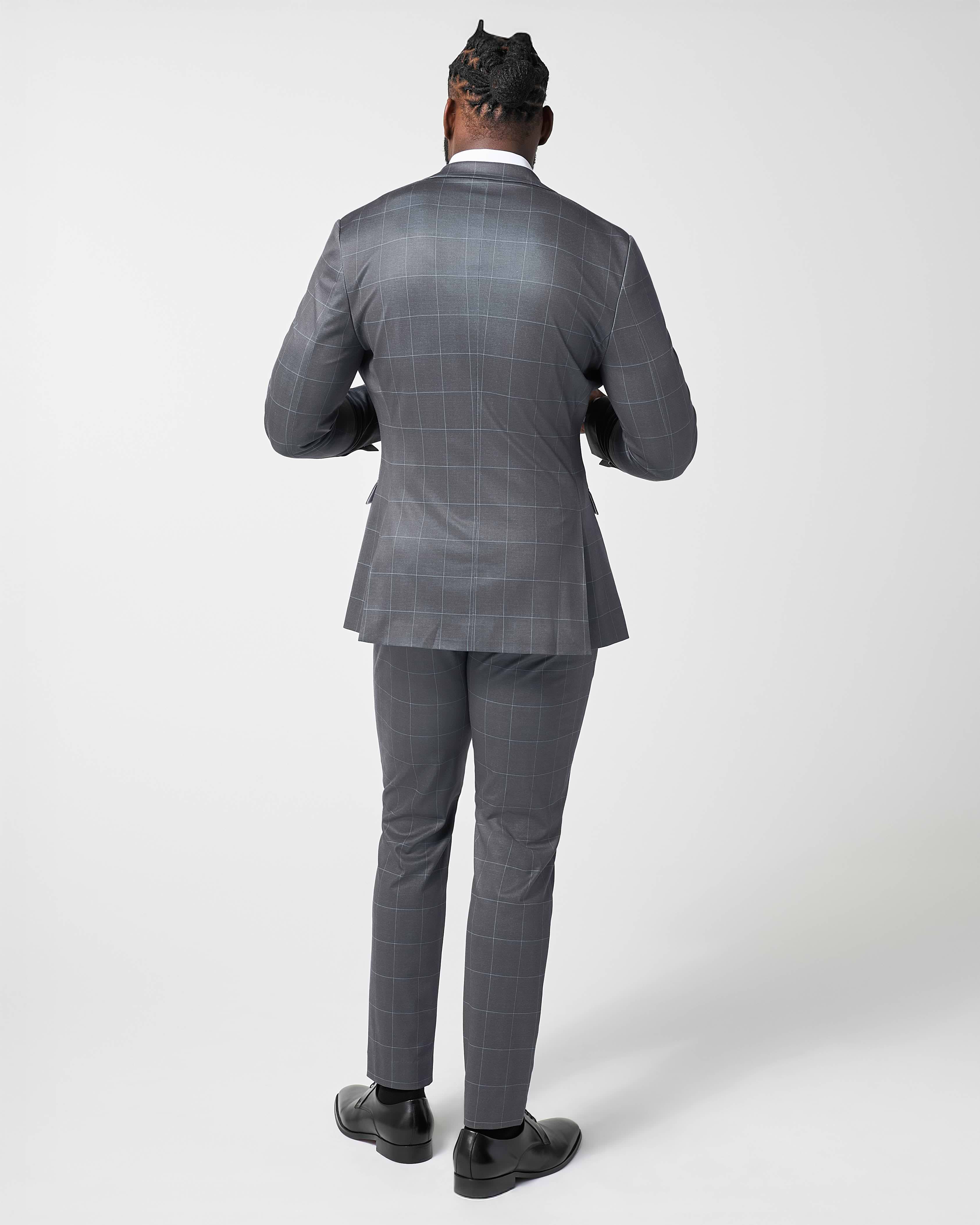 Athletic Fit Stretch Suit Pants - Grey and White Big Windowpane