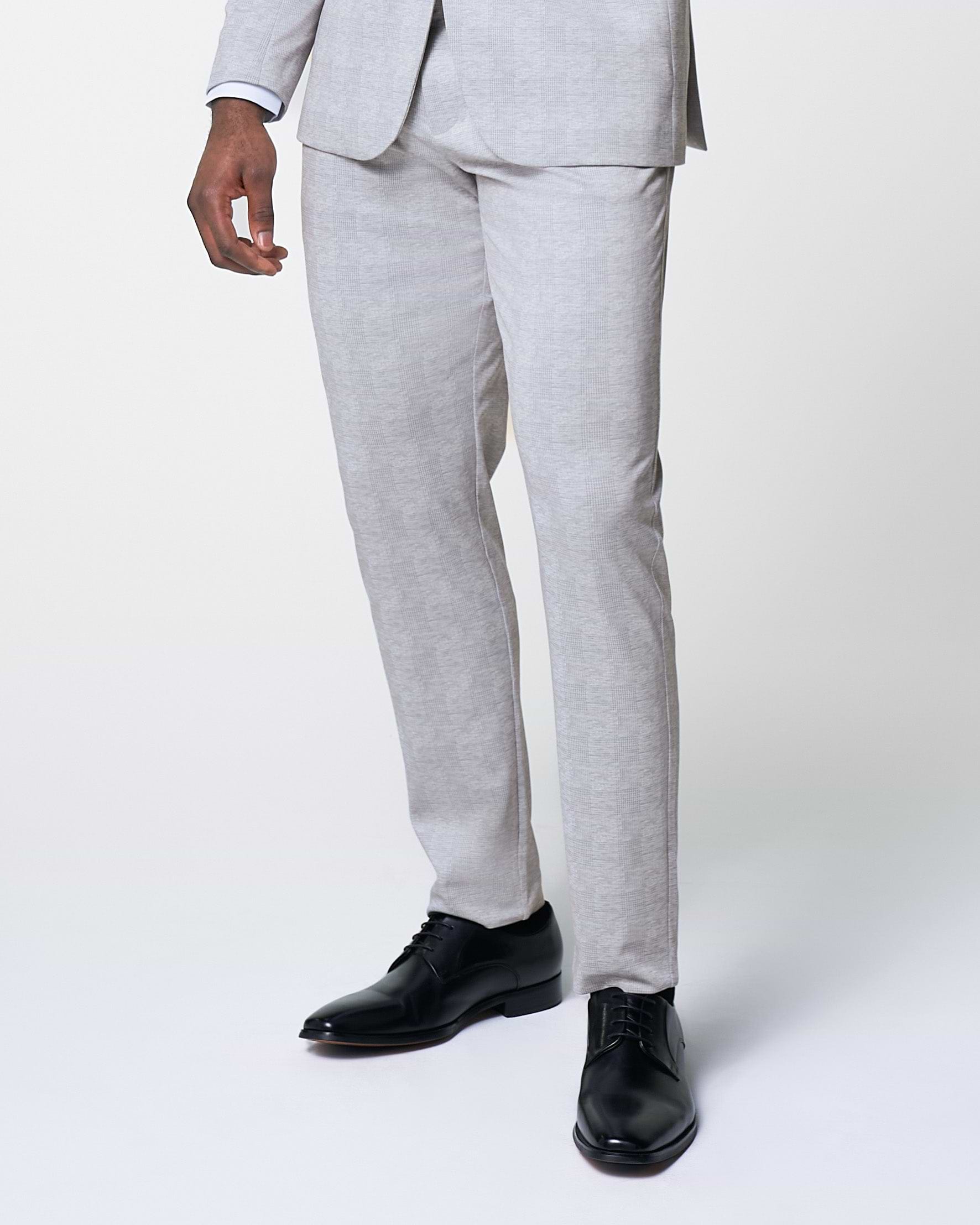 Athletic Fit Stretch Suit Pants - Light Grey Plaid
