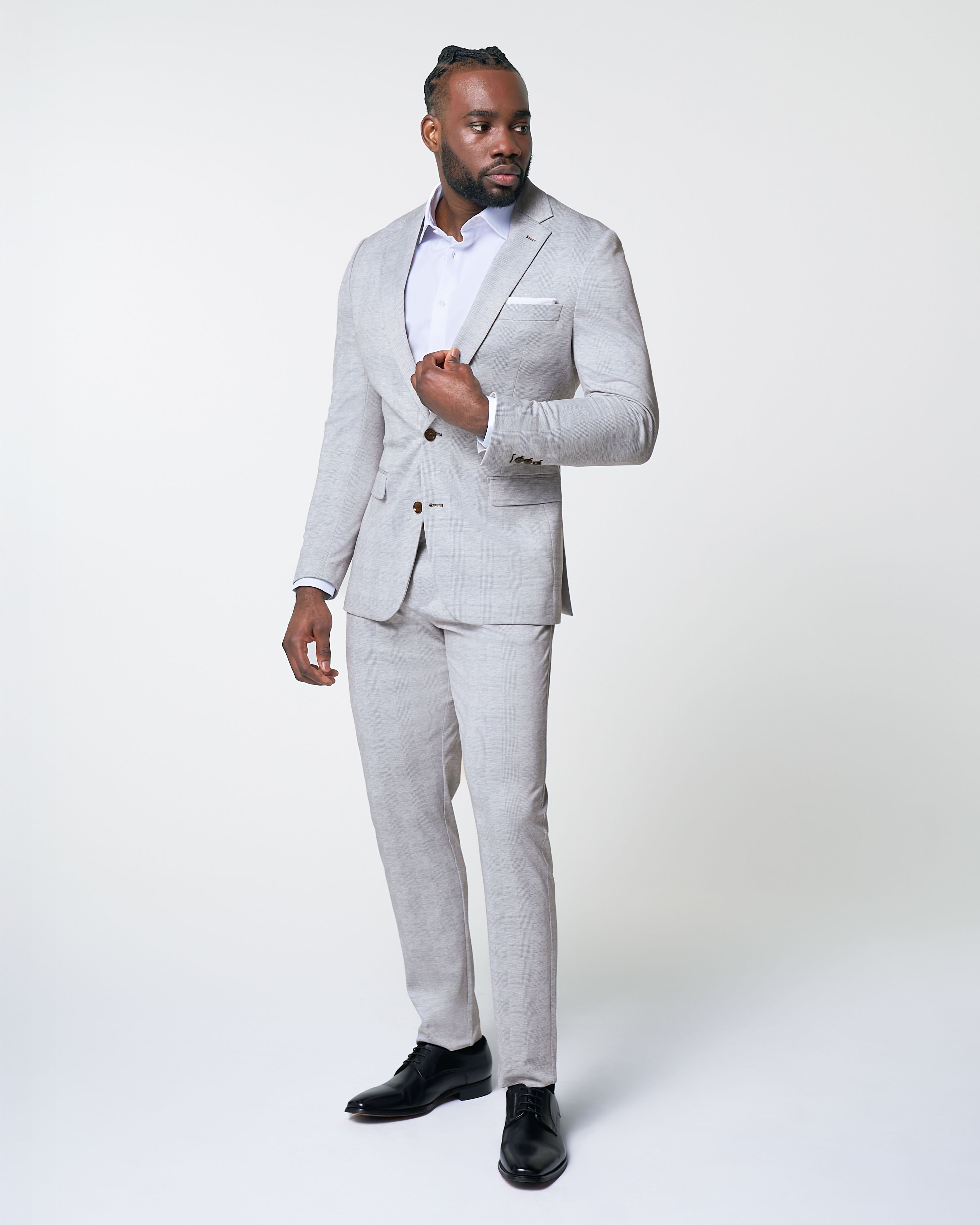Athletic Fit Stretch Suit Pants - Light Grey Plaid