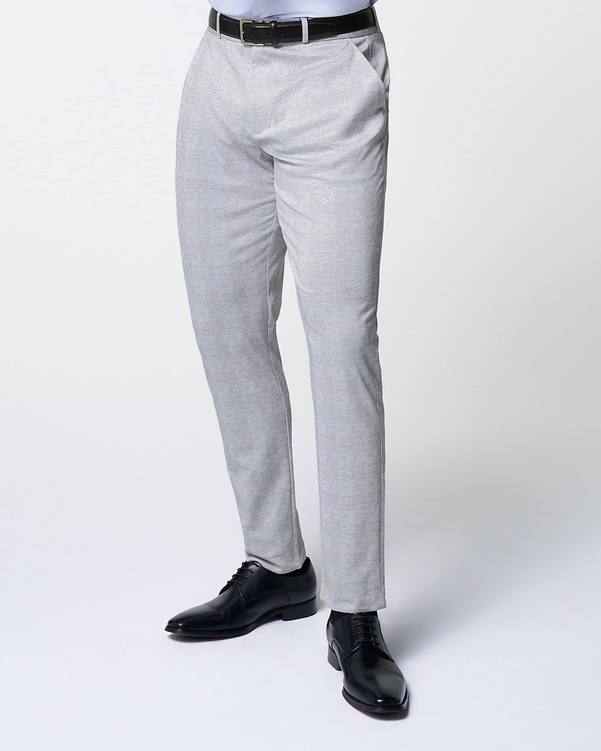 Athletic Fit Stretch Suit Pants - Light Grey Plaid