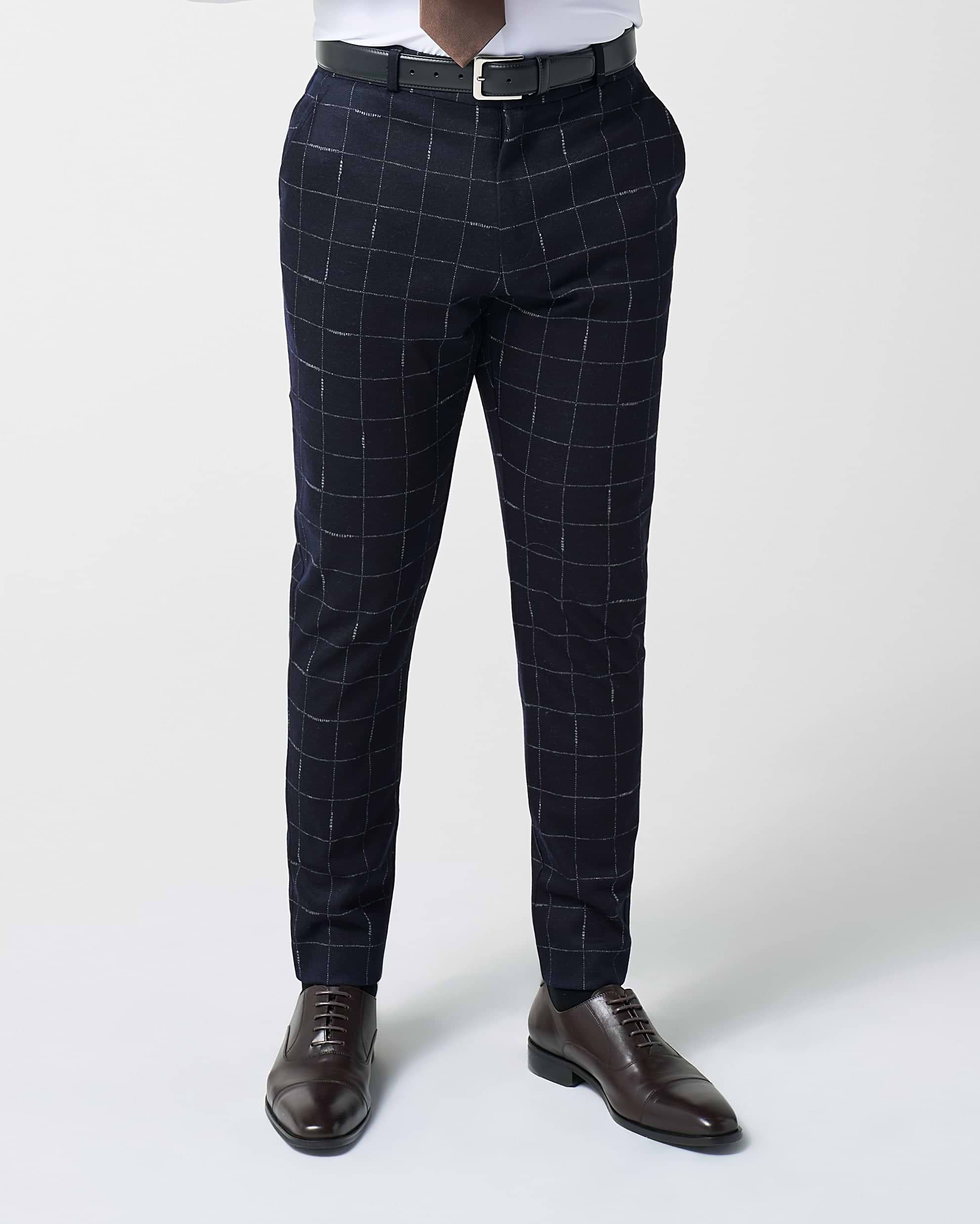 Athletic Fit Stretch Wool Suit Pants - Midnight Navy & Chalk Windowpane