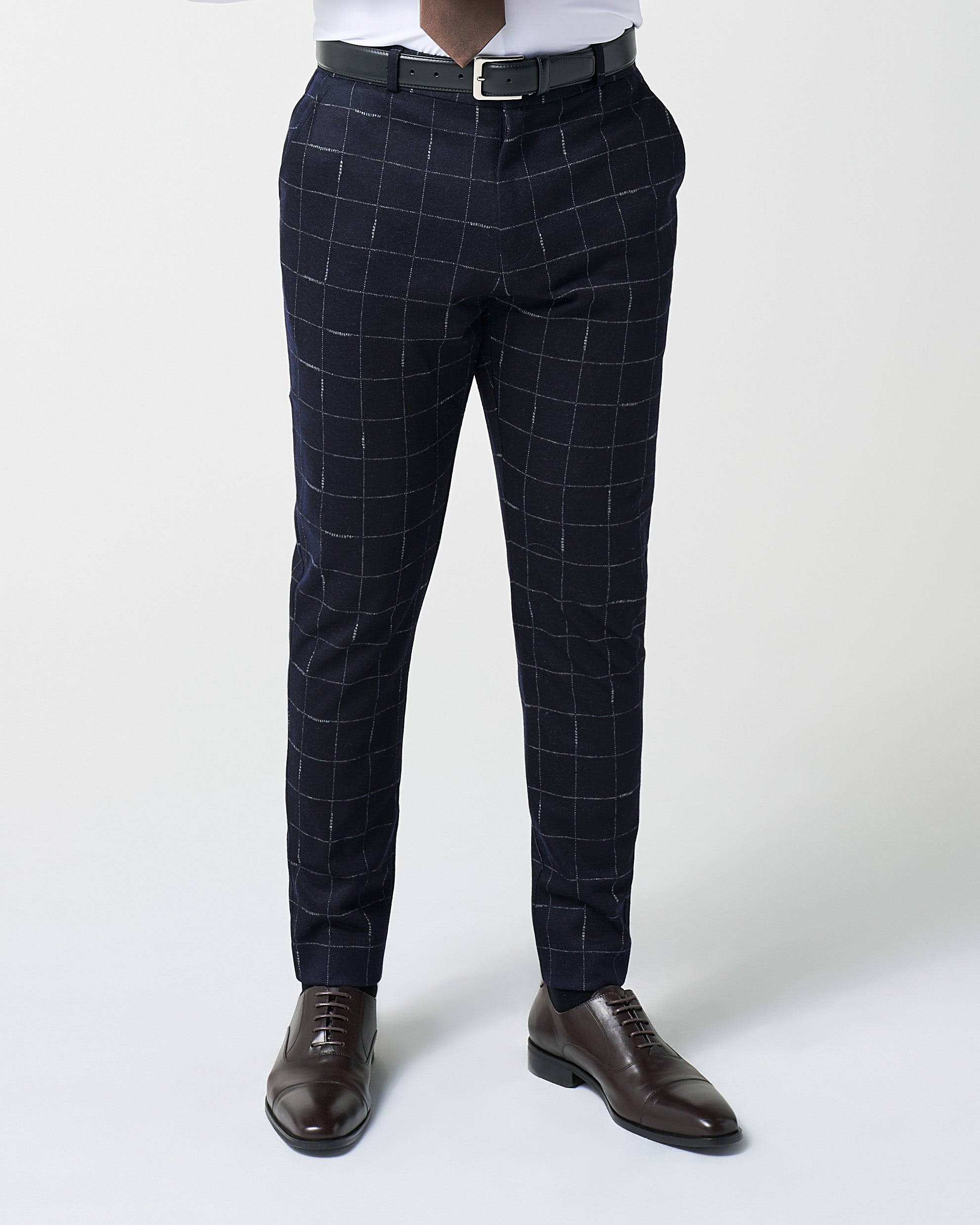 Athletic Fit Stretch Wool Suit Pants - Midnight Navy & Chalk Windowpane