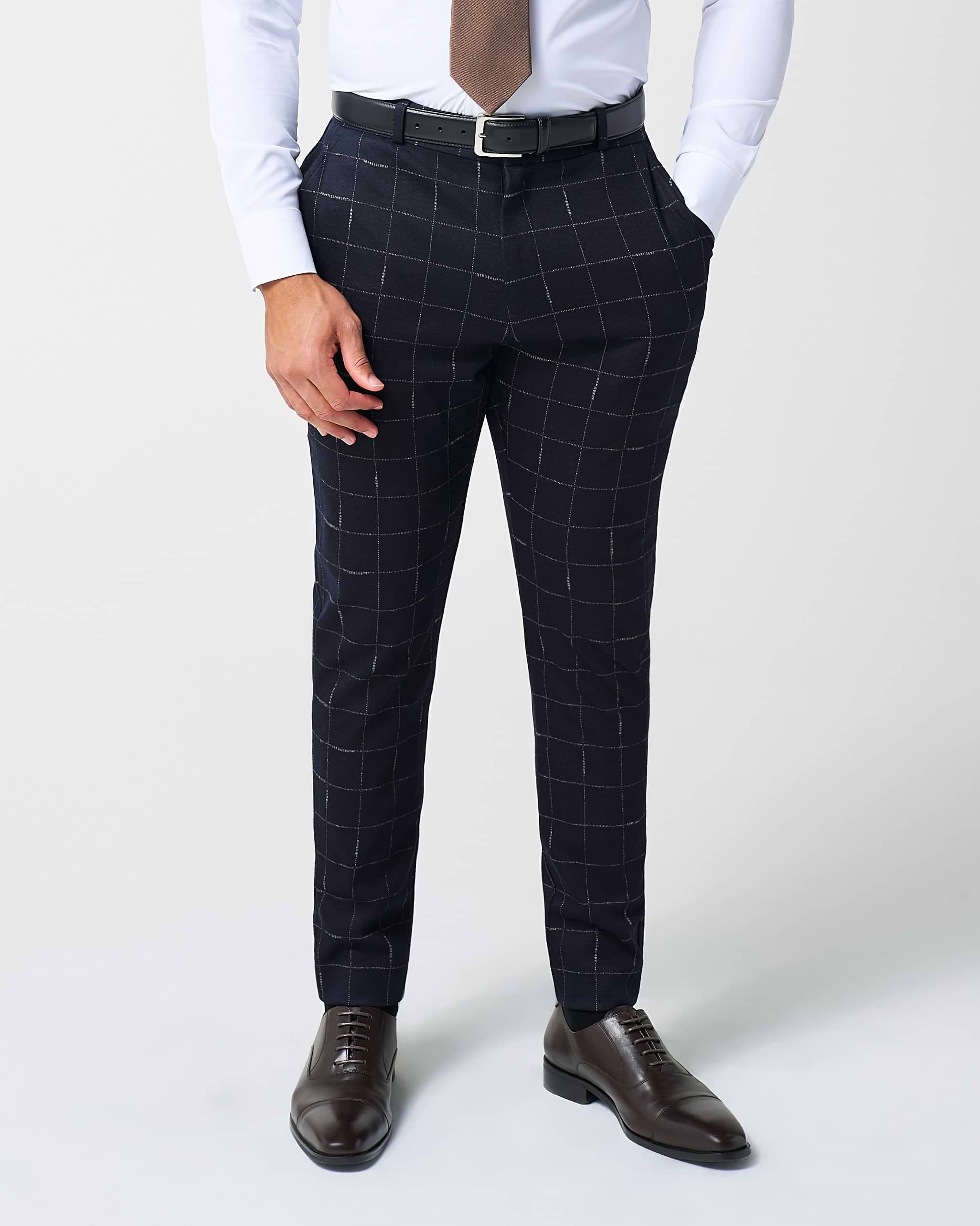 Athletic Fit Stretch Wool Suit Pants - Midnight Navy & Chalk Windowpane