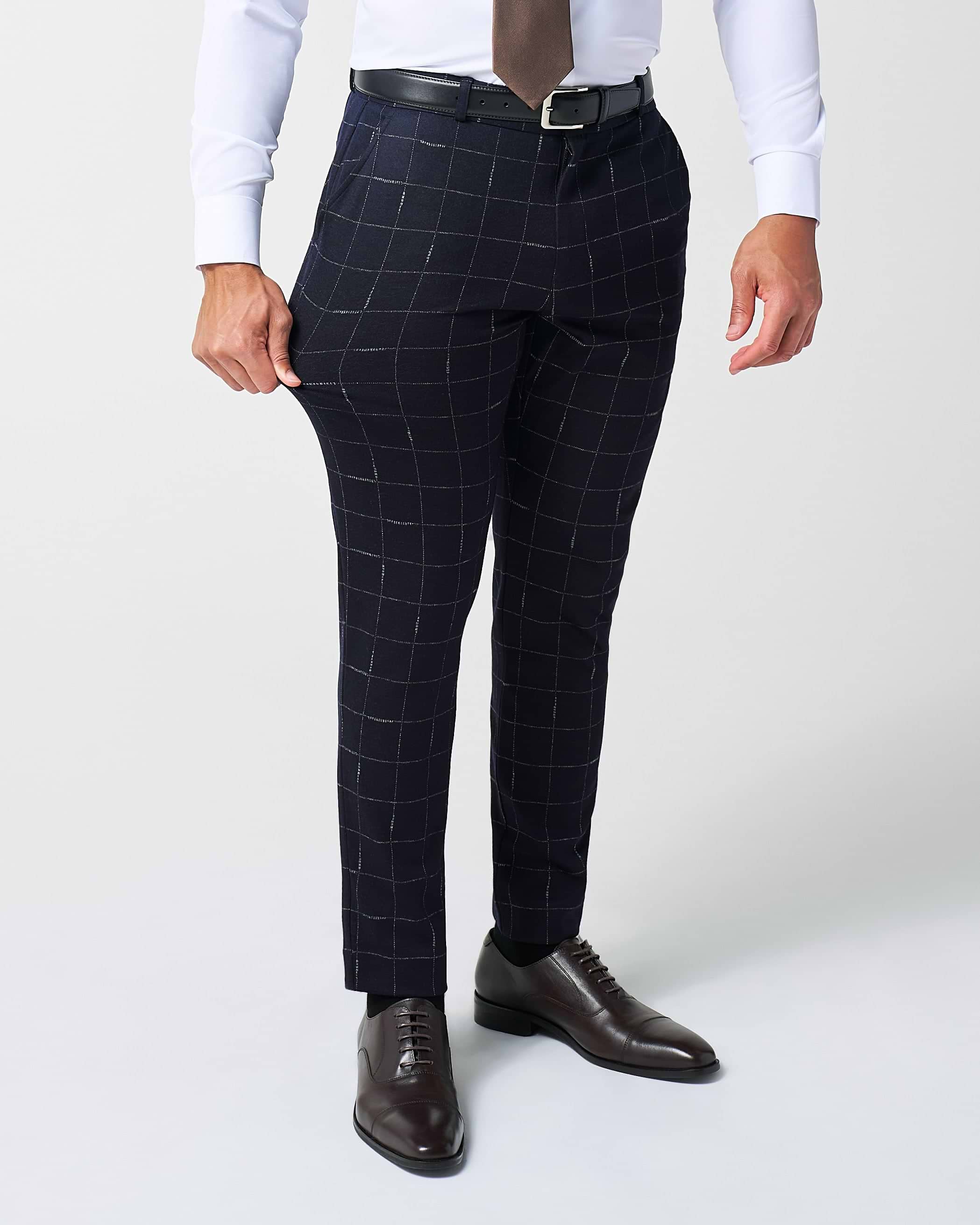 Athletic Fit Stretch Wool Suit Pants - Midnight Navy & Chalk Windowpane