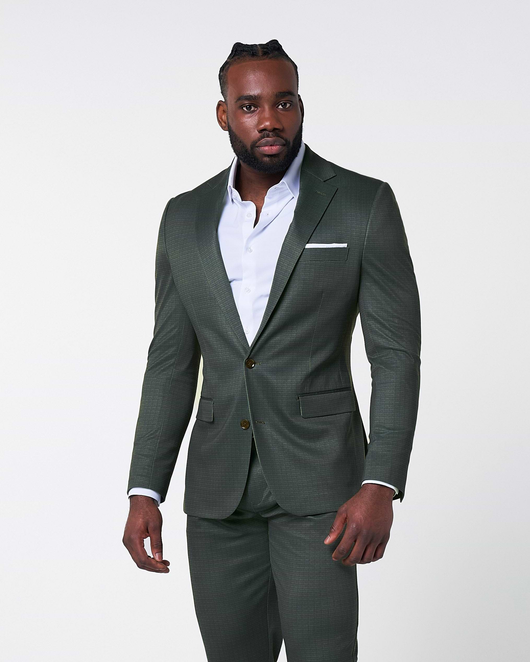 Athletic Fit Stretch Suit - Army Green Microcheck