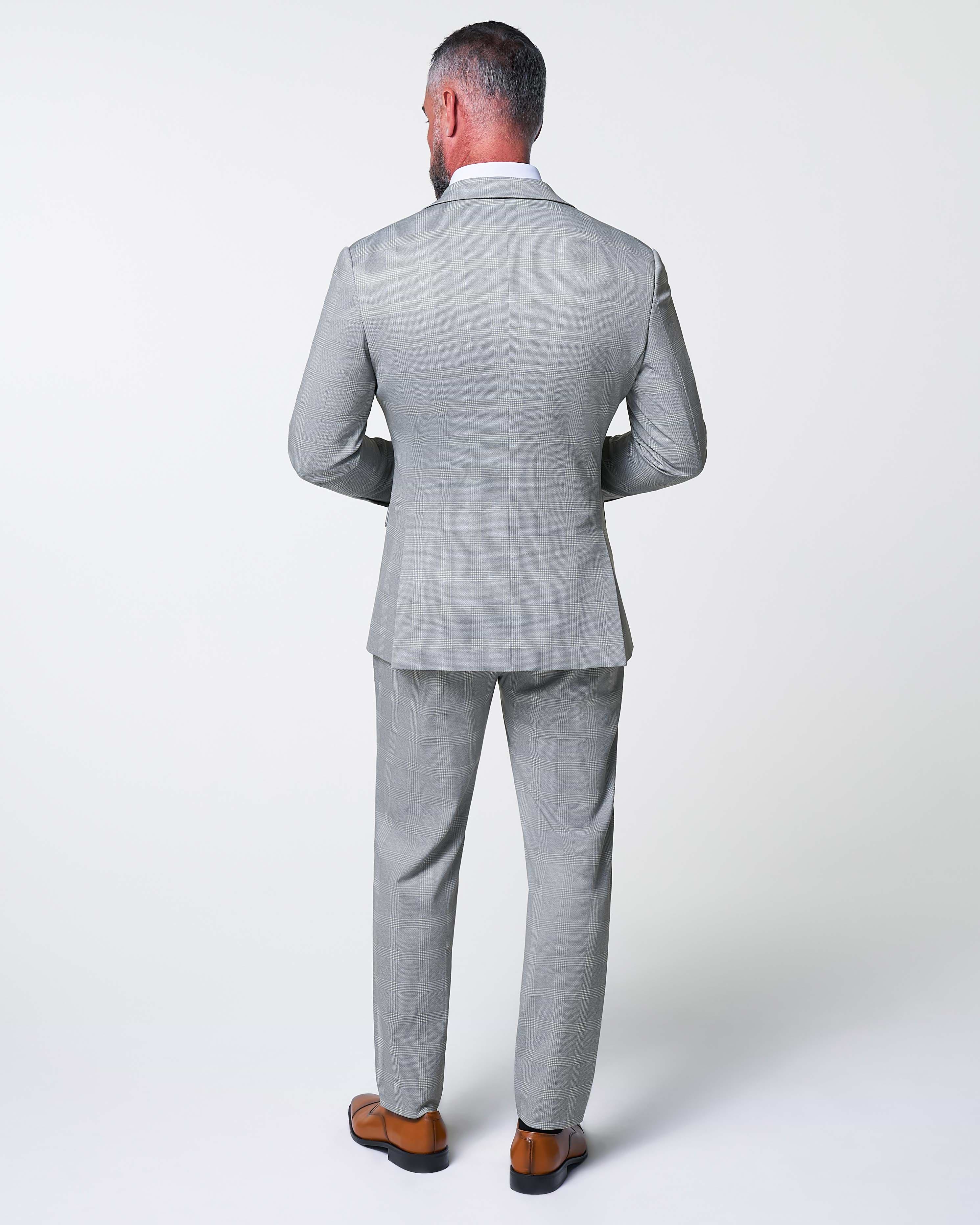 Athletic Fit Stretch Suit - Ash Grey with White Plaid