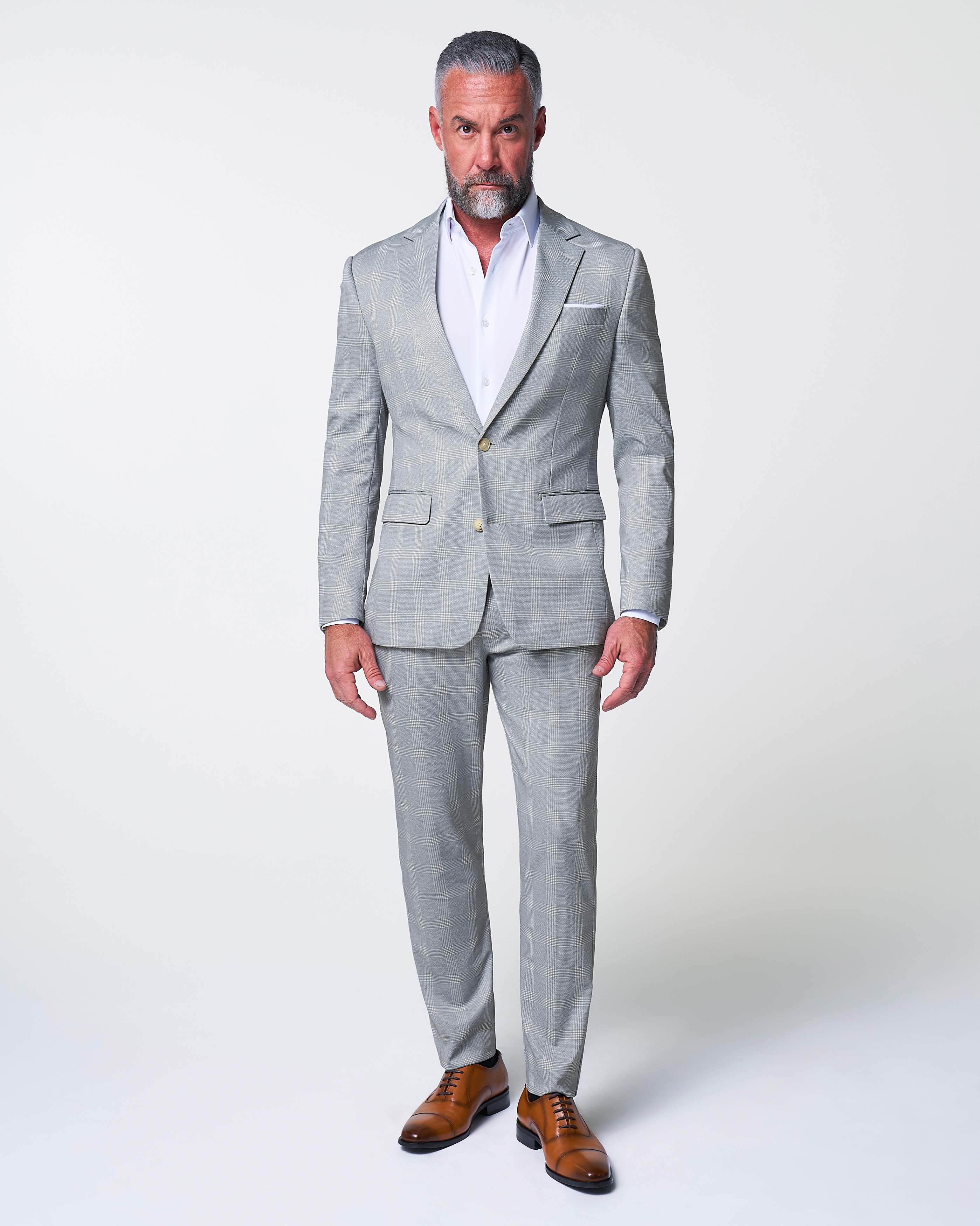 Athletic Fit Stretch Suit - Ash Grey with White Plaid