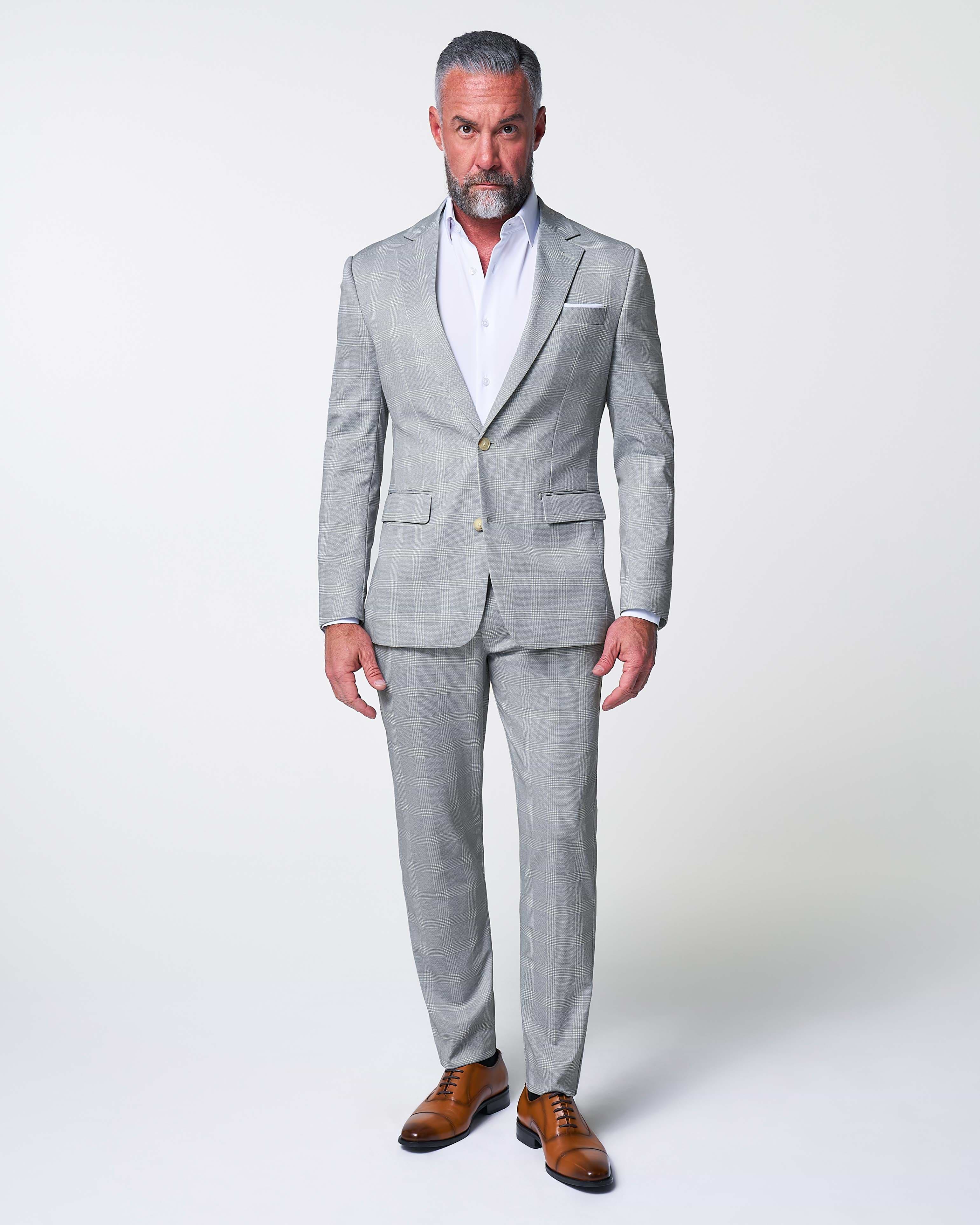 Athletic Fit Stretch Blazer - Ash Grey with White Plaid