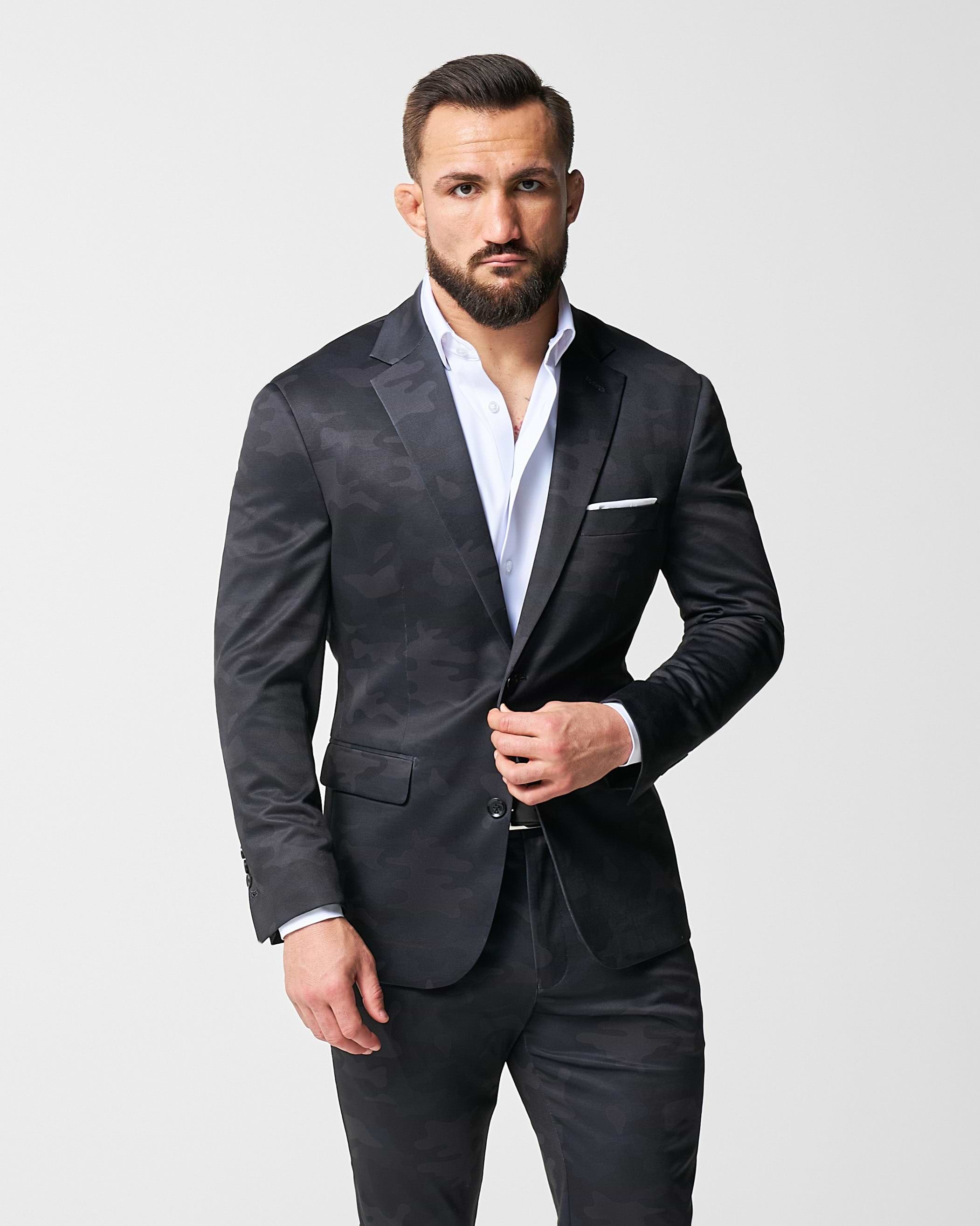 Athletic Fit Stretch Suit - Black and Grey Camo