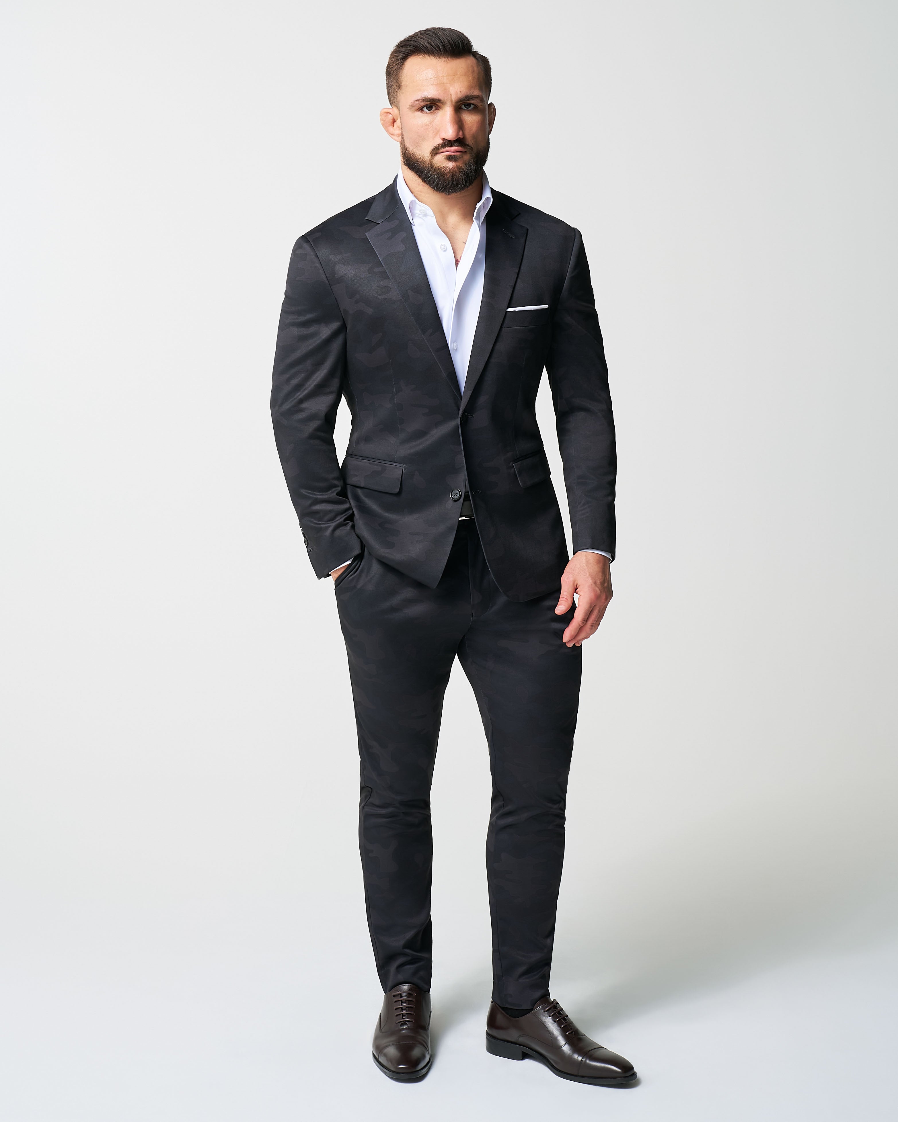 Athletic Fit Stretch Suit - Black and Grey Camo