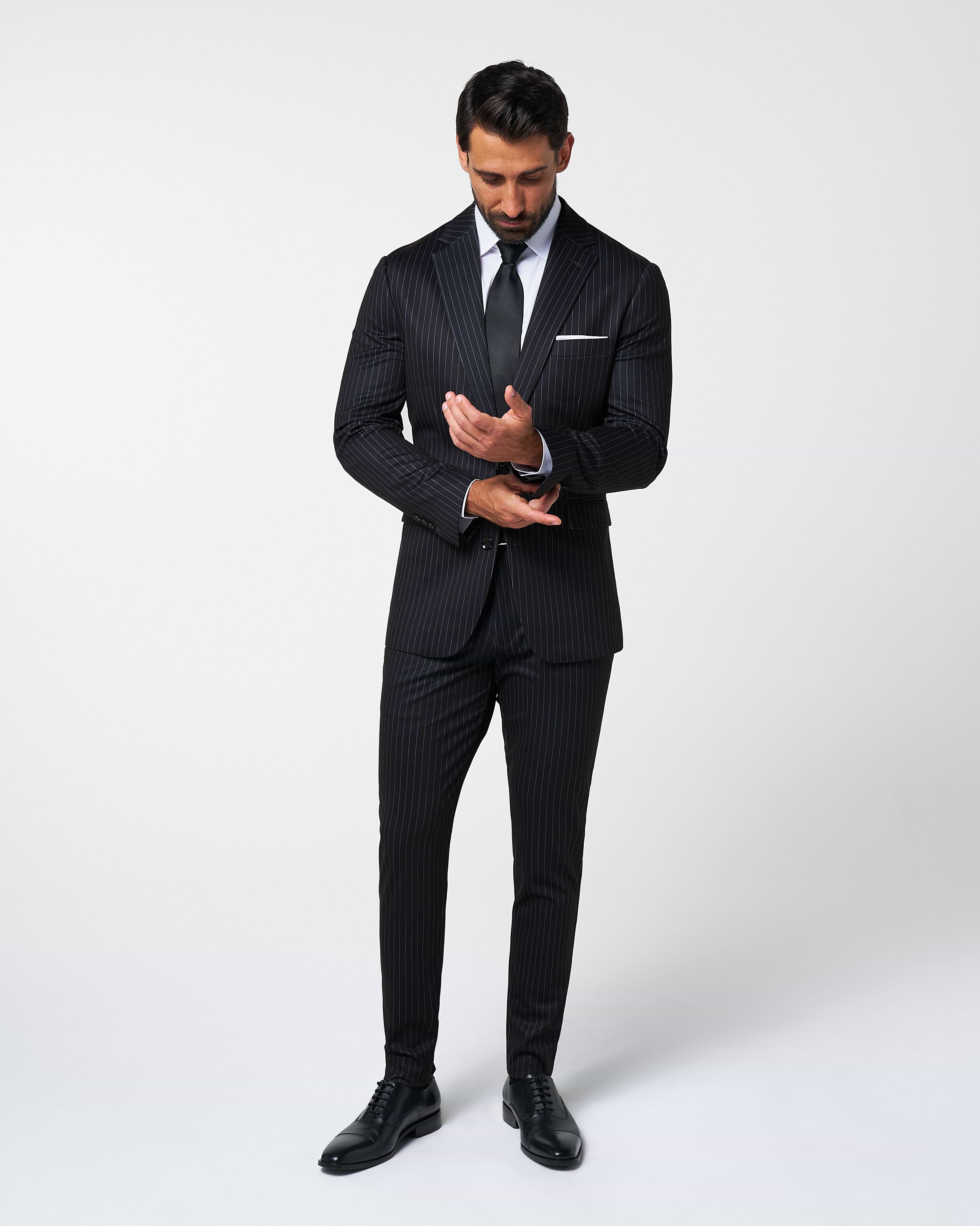 Athletic Fit Stretch Suit - Knit Black & Light Blue Pinstripe