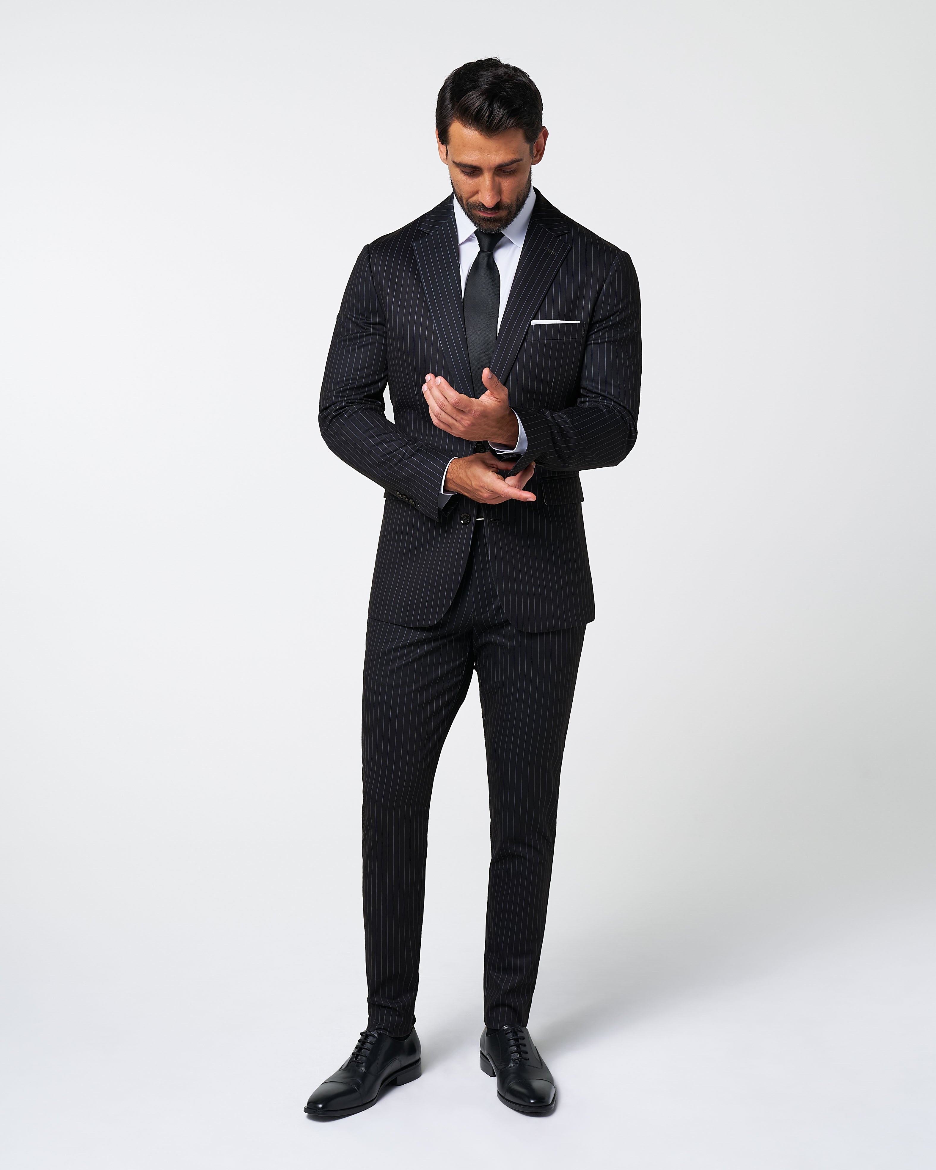 Athletic Fit Stretch Suit - Knit Black & Light Blue Pinstripe