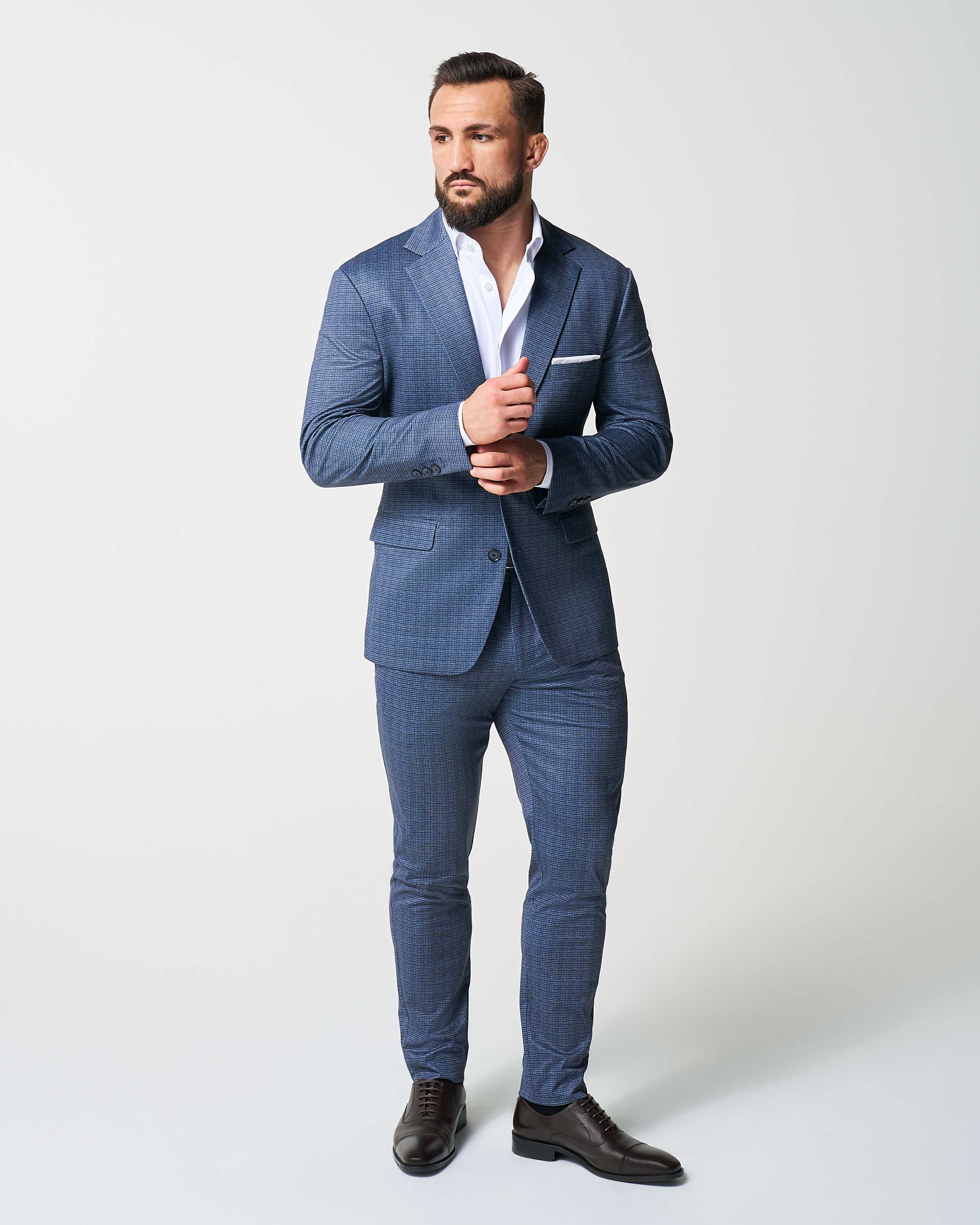 Athletic Fit Stretch Suit Pants - Blue Mini Windowpane with Light Grey Microcheck