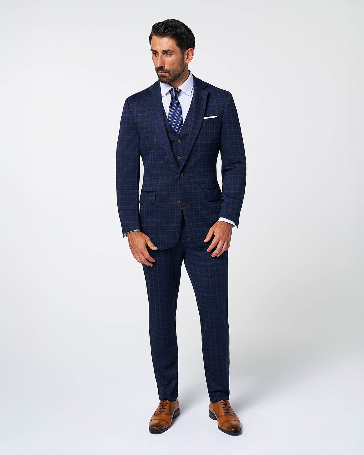 Athletic Fit Stretch Wool Suit - Blue Plaid