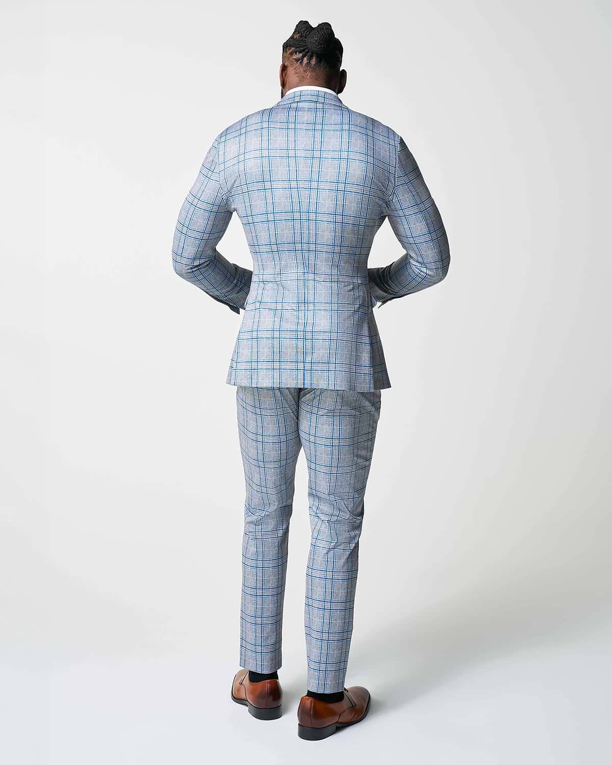 Athletic Fit Stretch Suit - Grey & Royal Blue Plaid