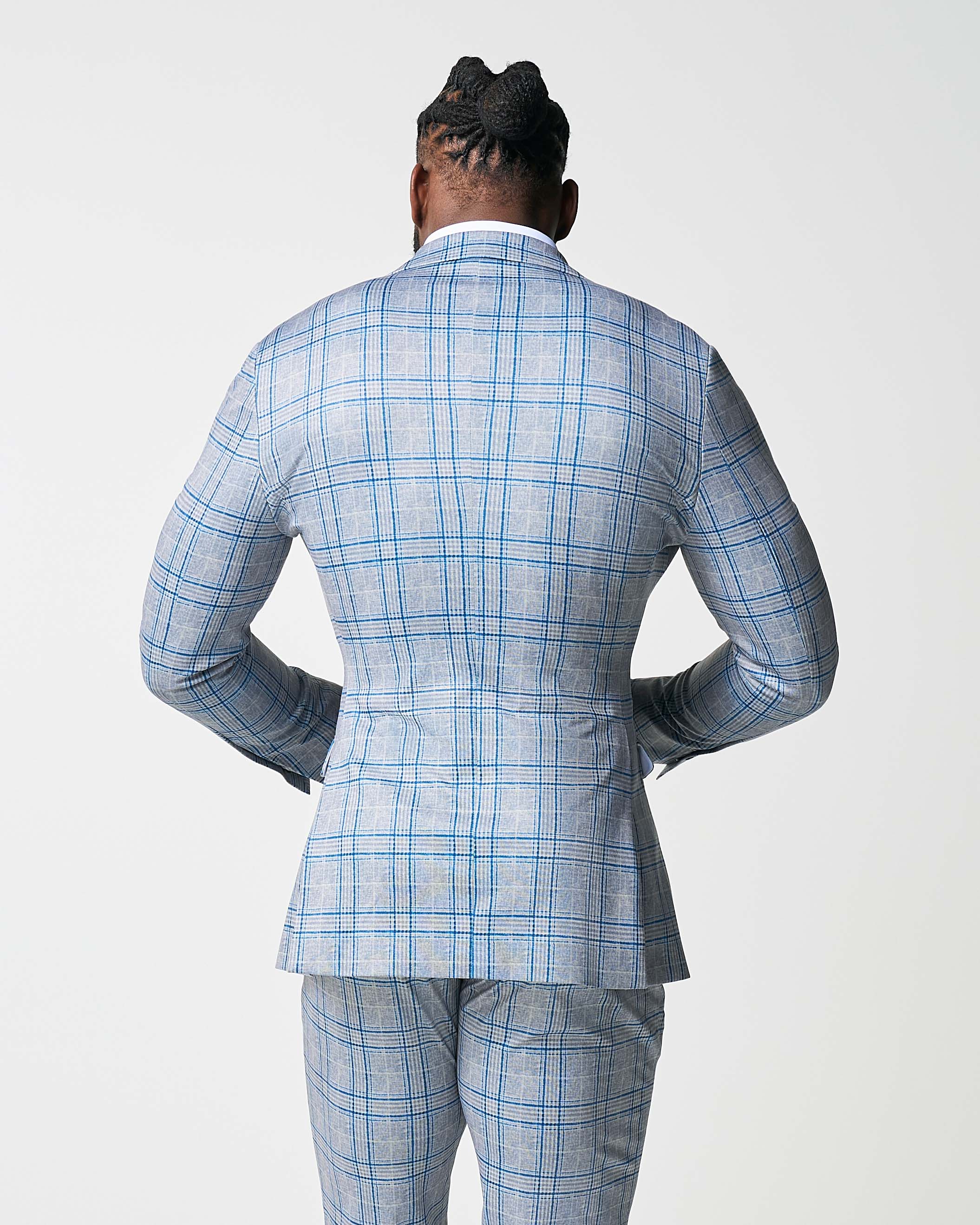 Athletic Fit Stretch Blazer - Grey & Royal Blue Plaid