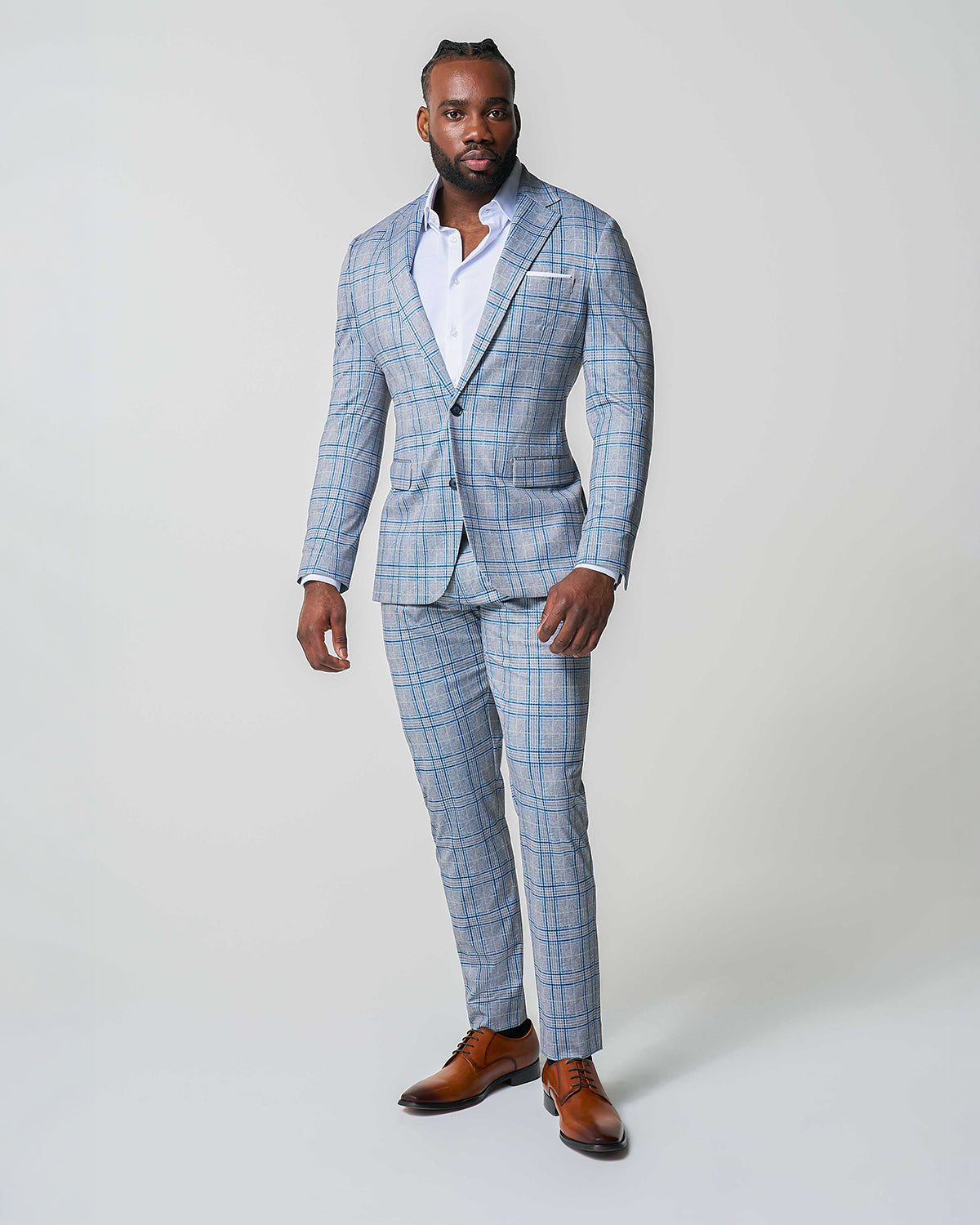 Athletic Fit Stretch Suit - Grey & Royal Blue Plaid