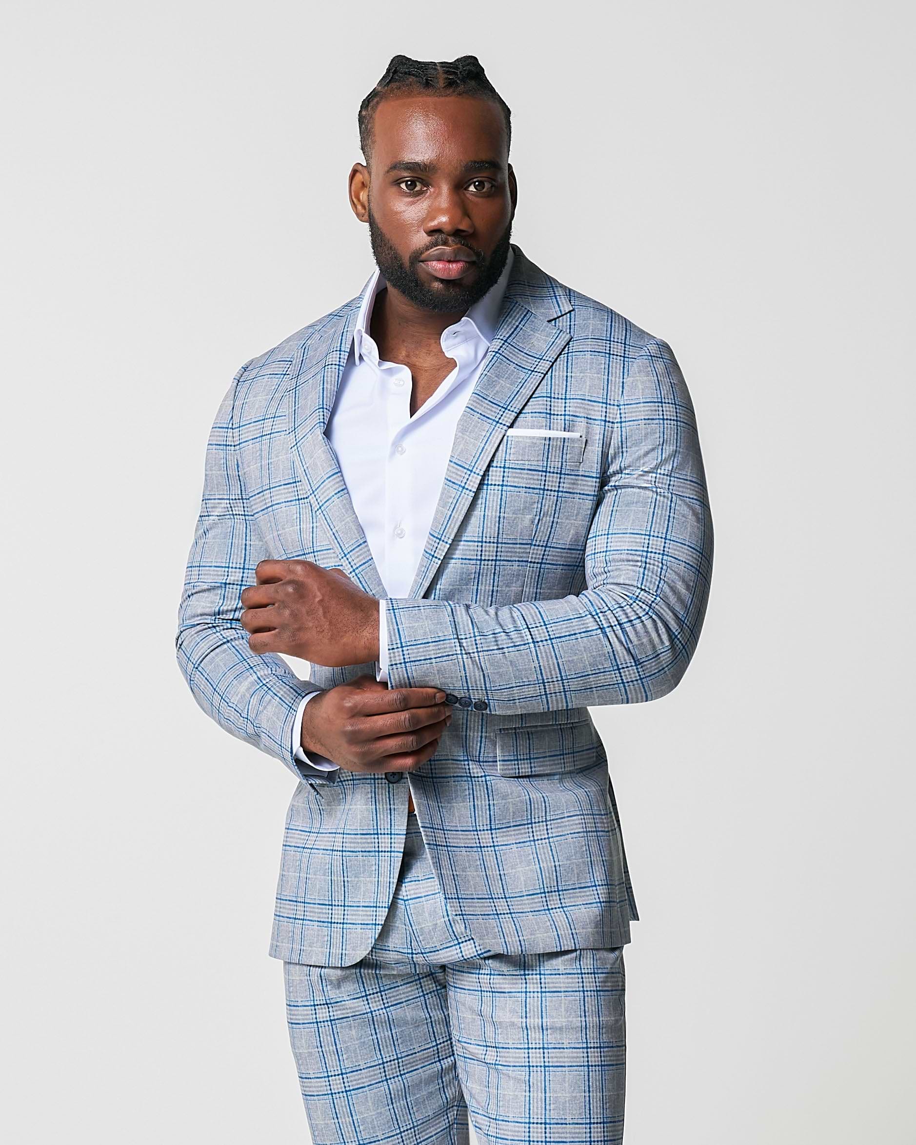 Athletic Fit Stretch Suit - Grey & Royal Blue Plaid