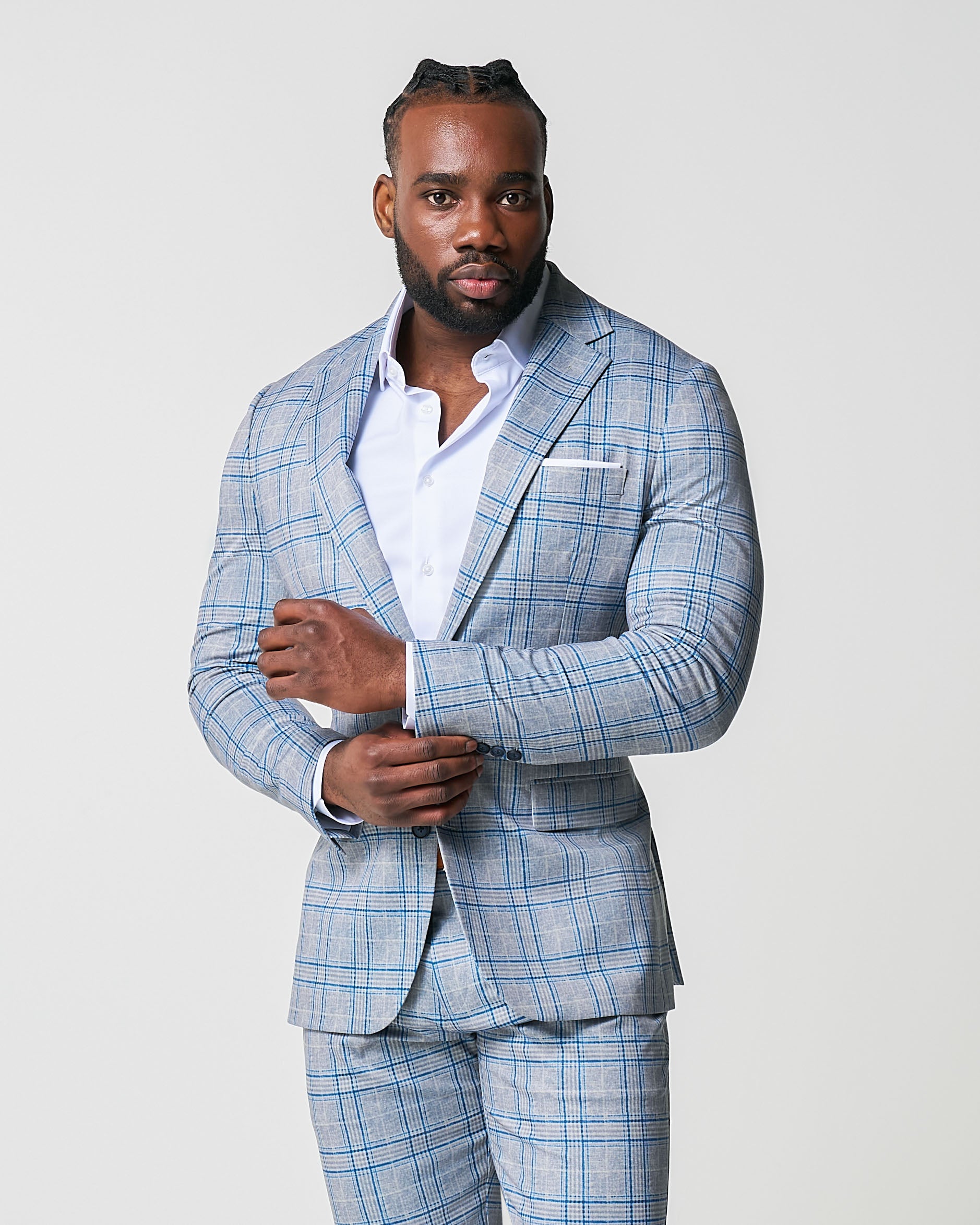 Athletic Fit Stretch Suit - Grey & Royal Blue Plaid