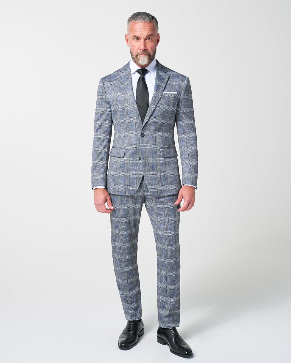 Athletic Fit Stretch Suit - Grey with Blue Plaid
