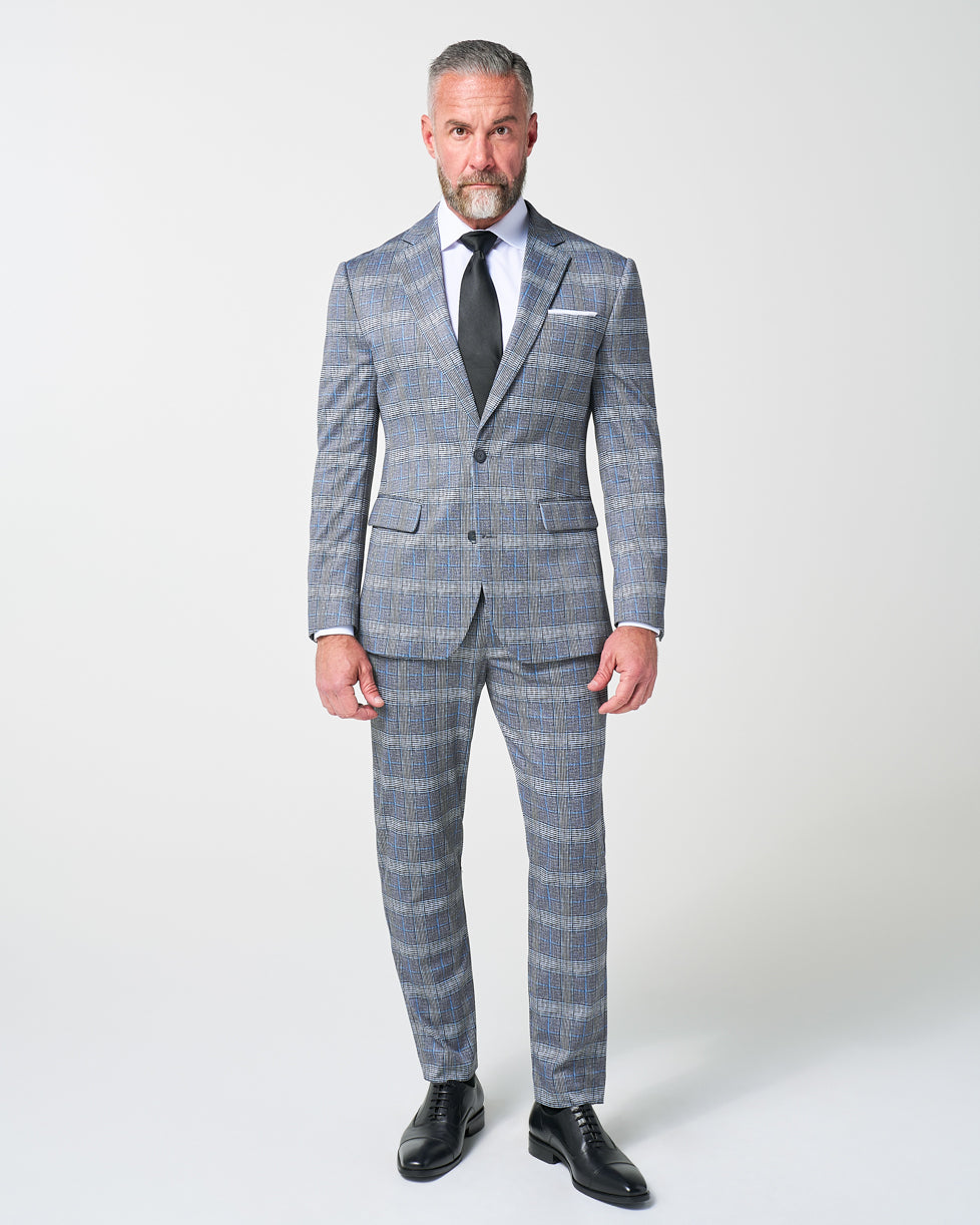 Athletic Fit Stretch Suit - Grey with Blue Plaid