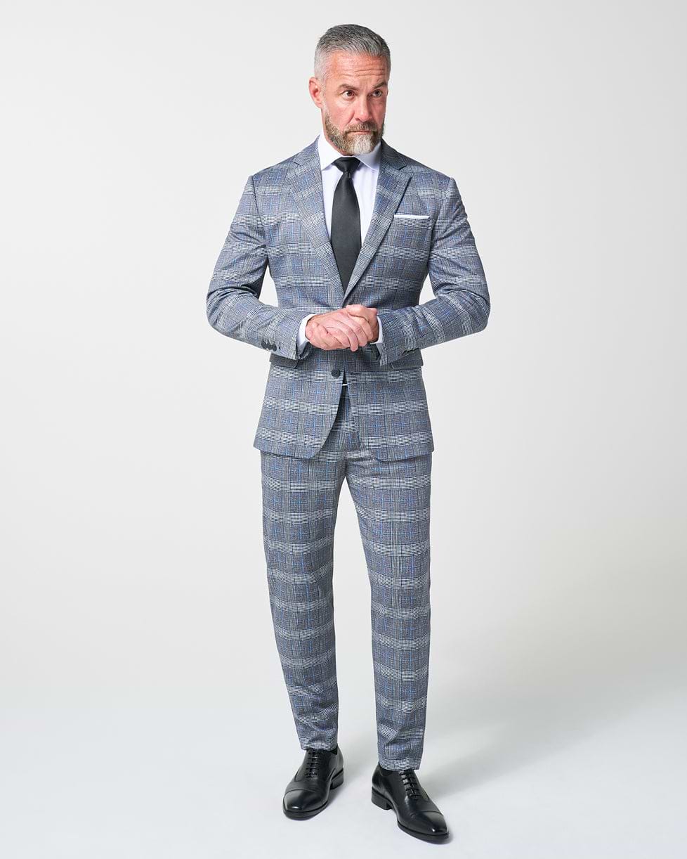 Athletic Fit Stretch Suit - Grey with Blue Plaid