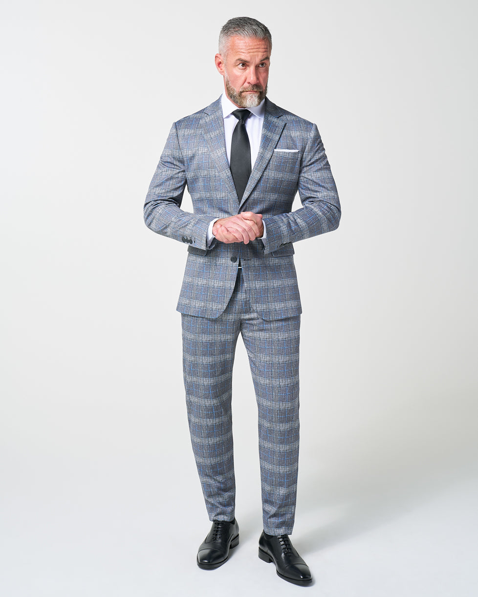 Athletic Fit Stretch Suit - Grey with Blue Plaid