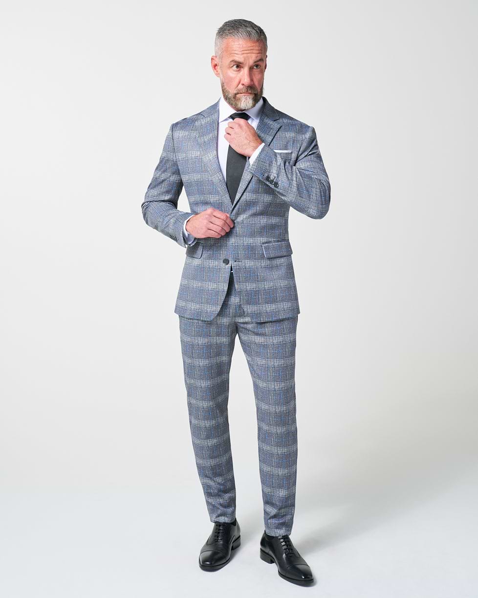 Athletic Fit Stretch Suit - Grey with Blue Plaid