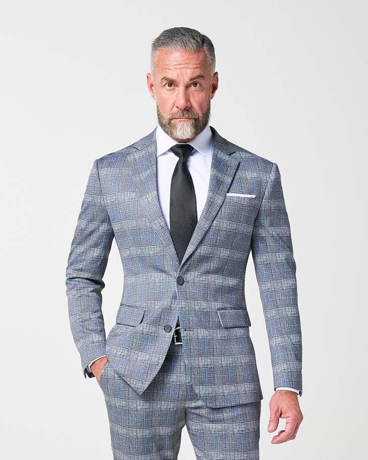Athletic Fit Stretch Suit - Grey with Blue Plaid
