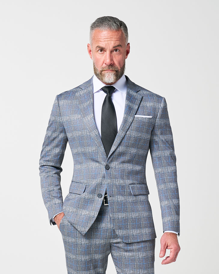 Athletic Fit Stretch Suit - Grey with Blue Plaid