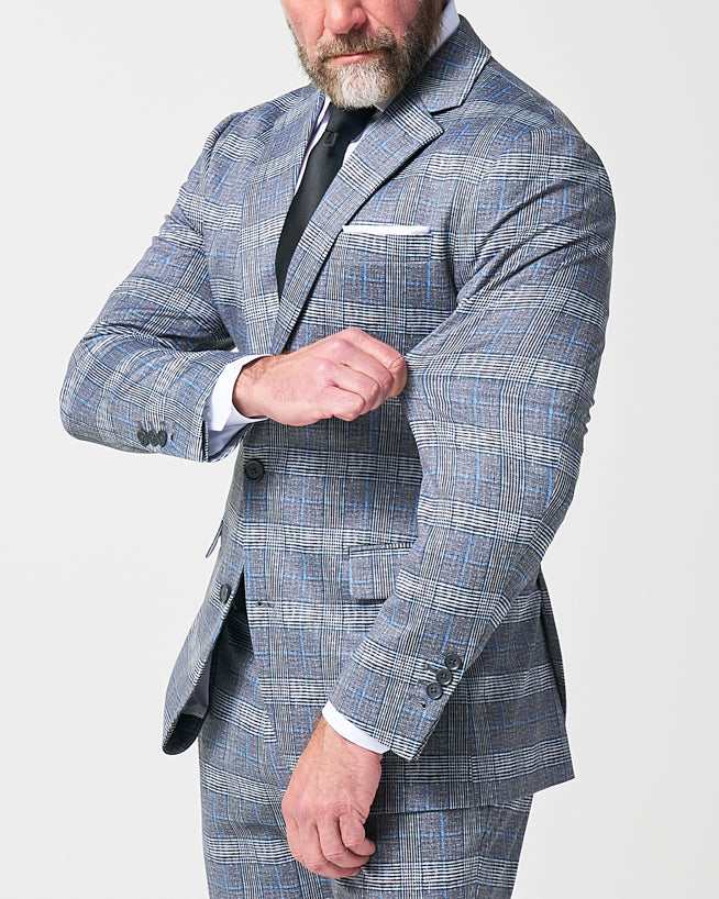Athletic Fit Stretch Suit - Grey with Blue Plaid
