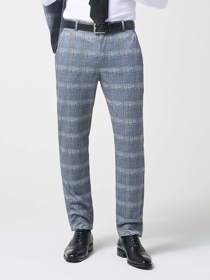 Athletic Fit Stretch Suit - Grey with Blue Plaid