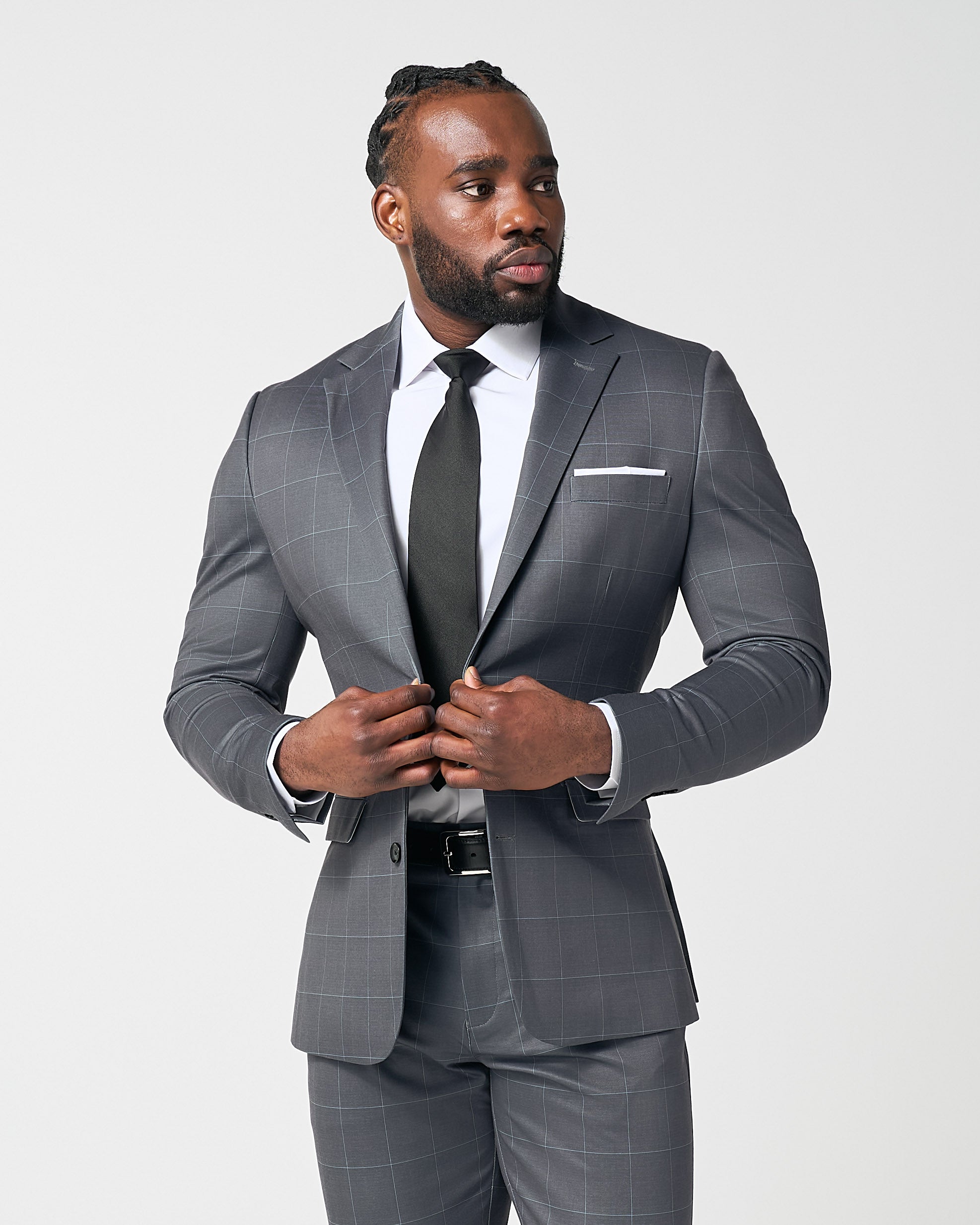 Athletic Fit Stretch Suit - Grey and White Big Windowpane