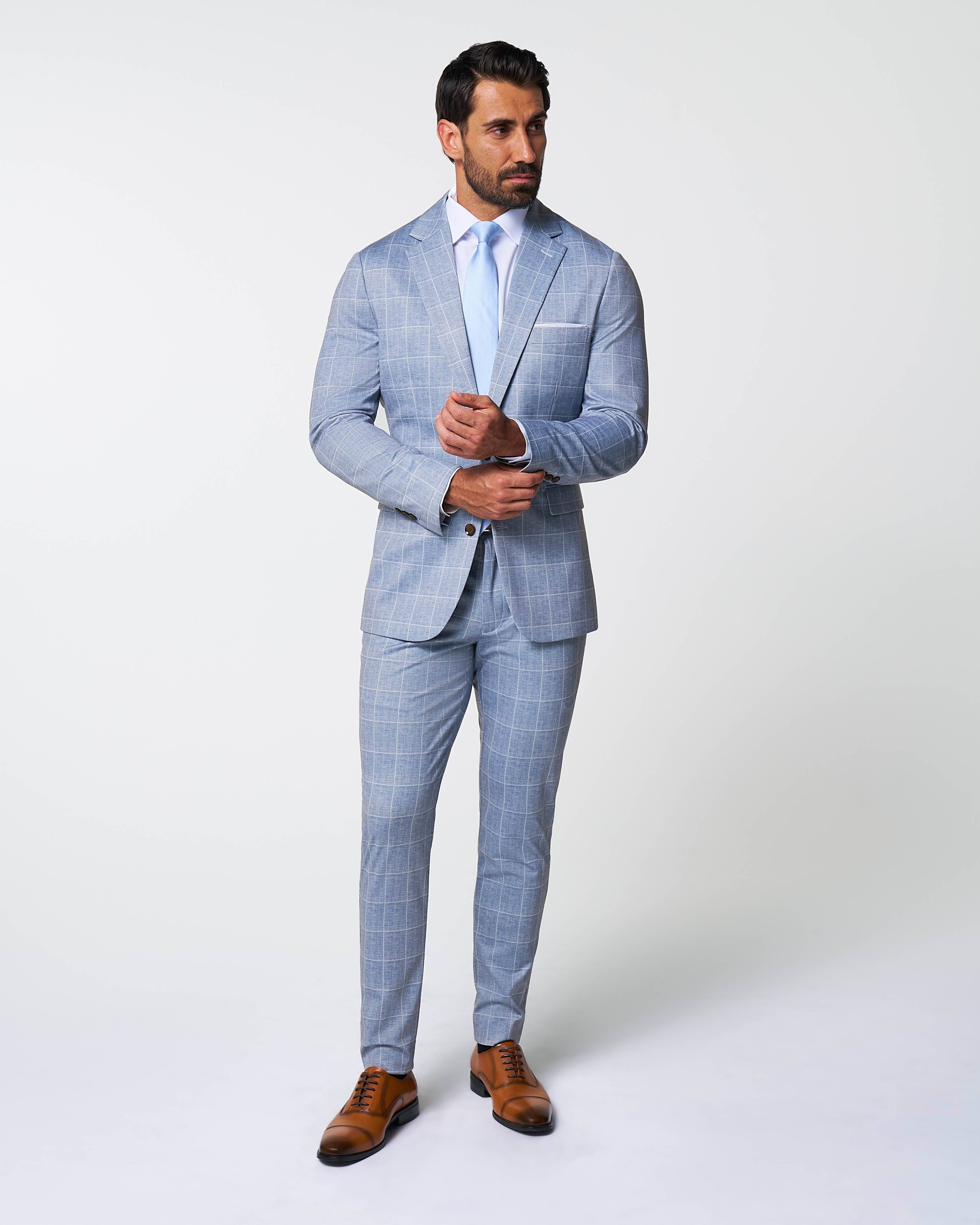 Athletic Fit Stretch Suit - Ice Light Blue Windowpane