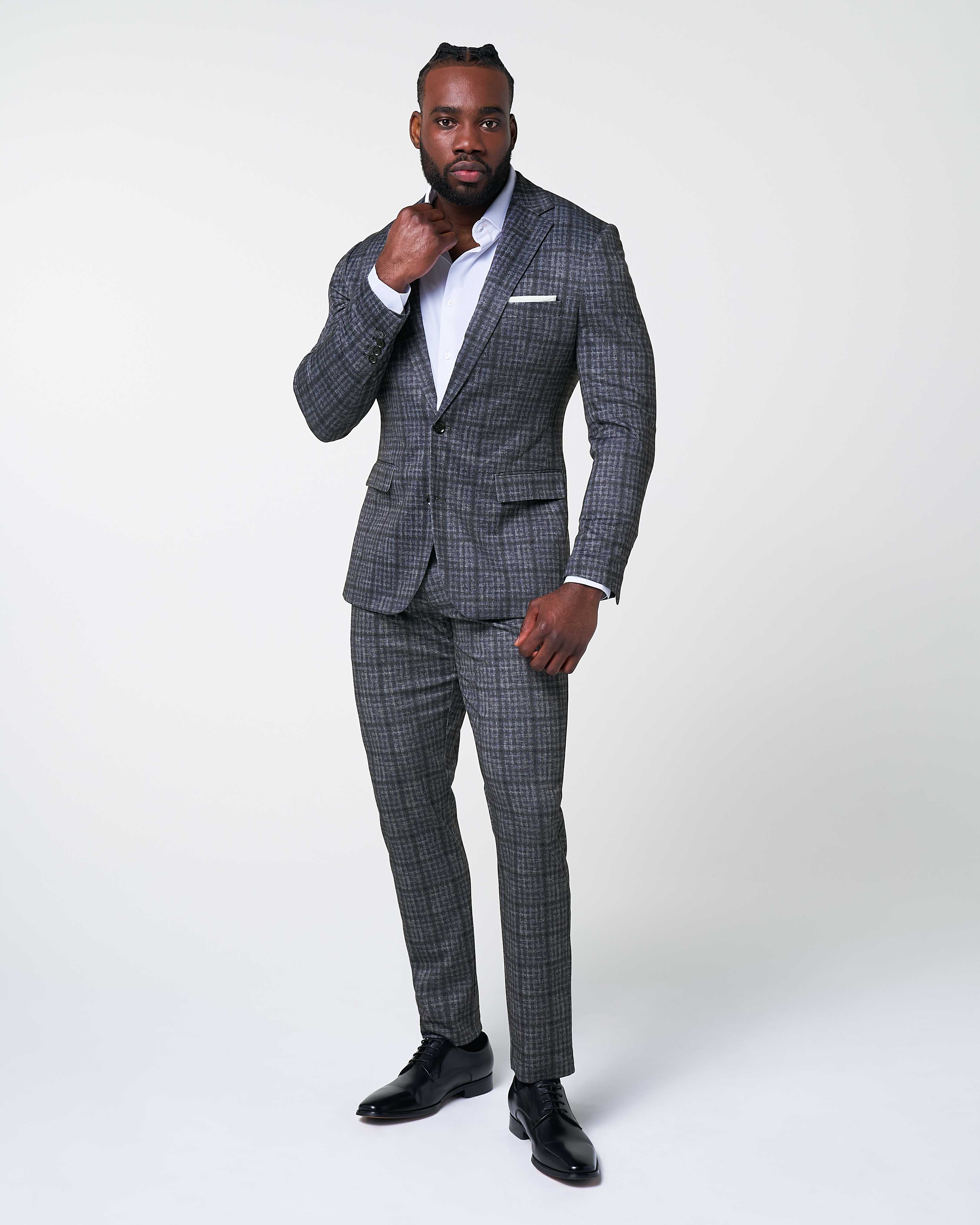 Athletic Fit Stretch Suit - Iron Grey & Charcoal Plaid