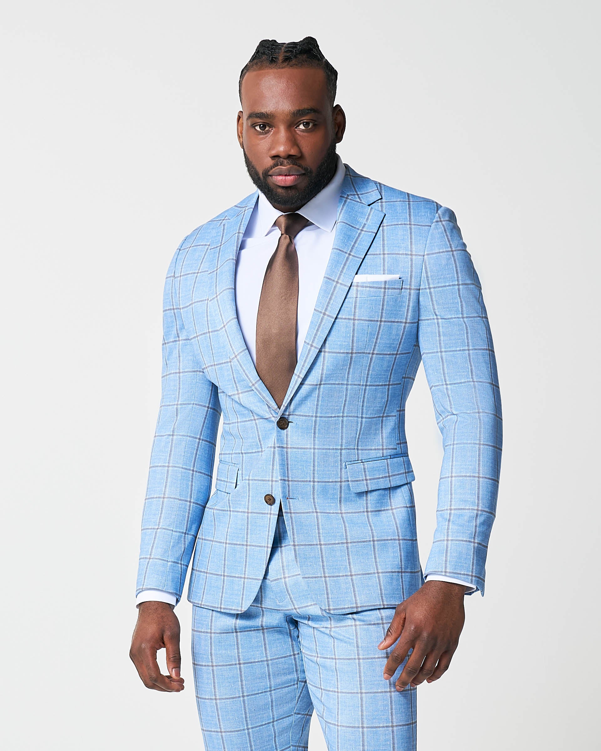 Athletic Fit Stretch Suit - Light Blue and Brown Big Windowpane