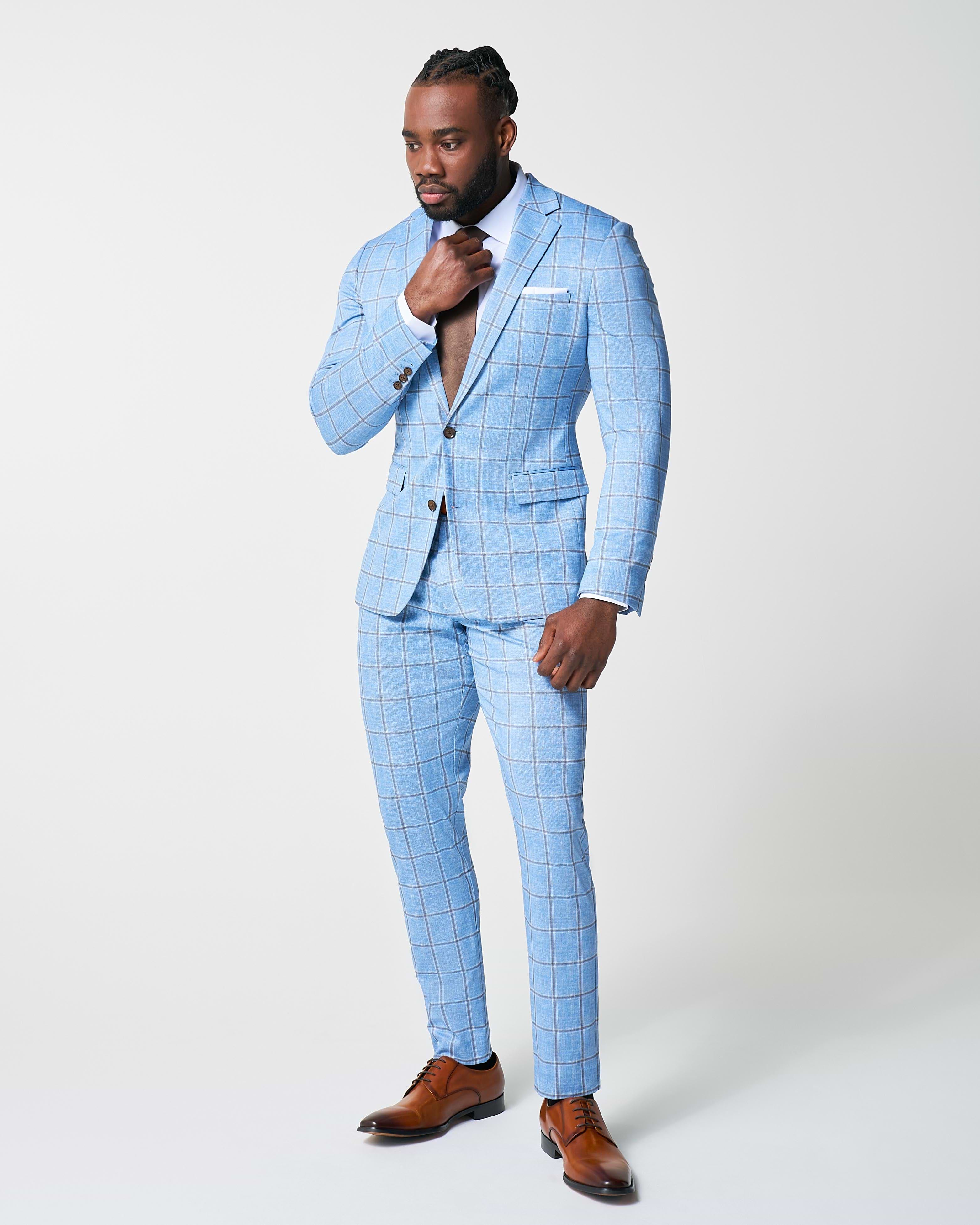 Athletic Fit Stretch Suit - Light Blue and Brown Big Windowpane