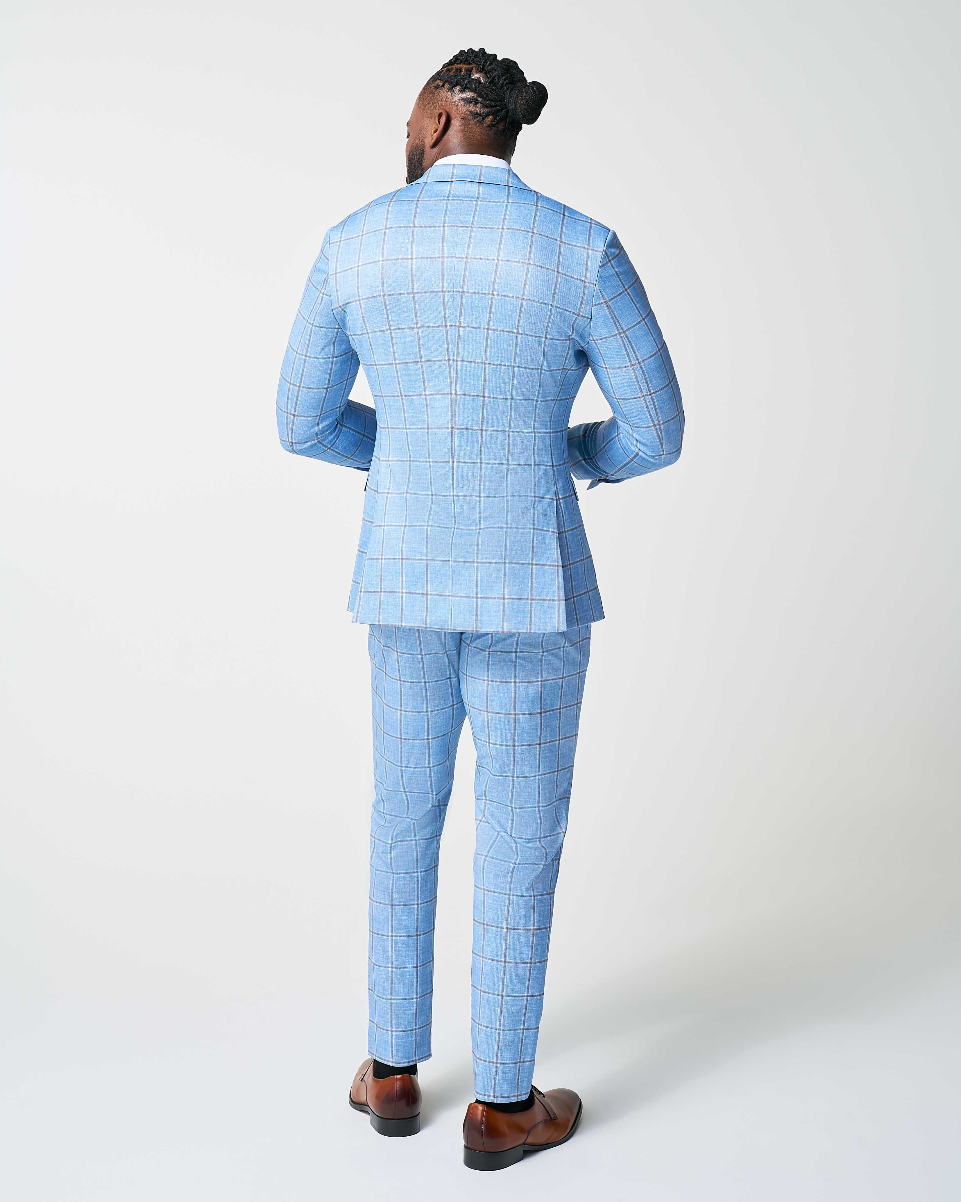 Athletic Fit Stretch Suit - Light Blue and Brown Big Windowpane